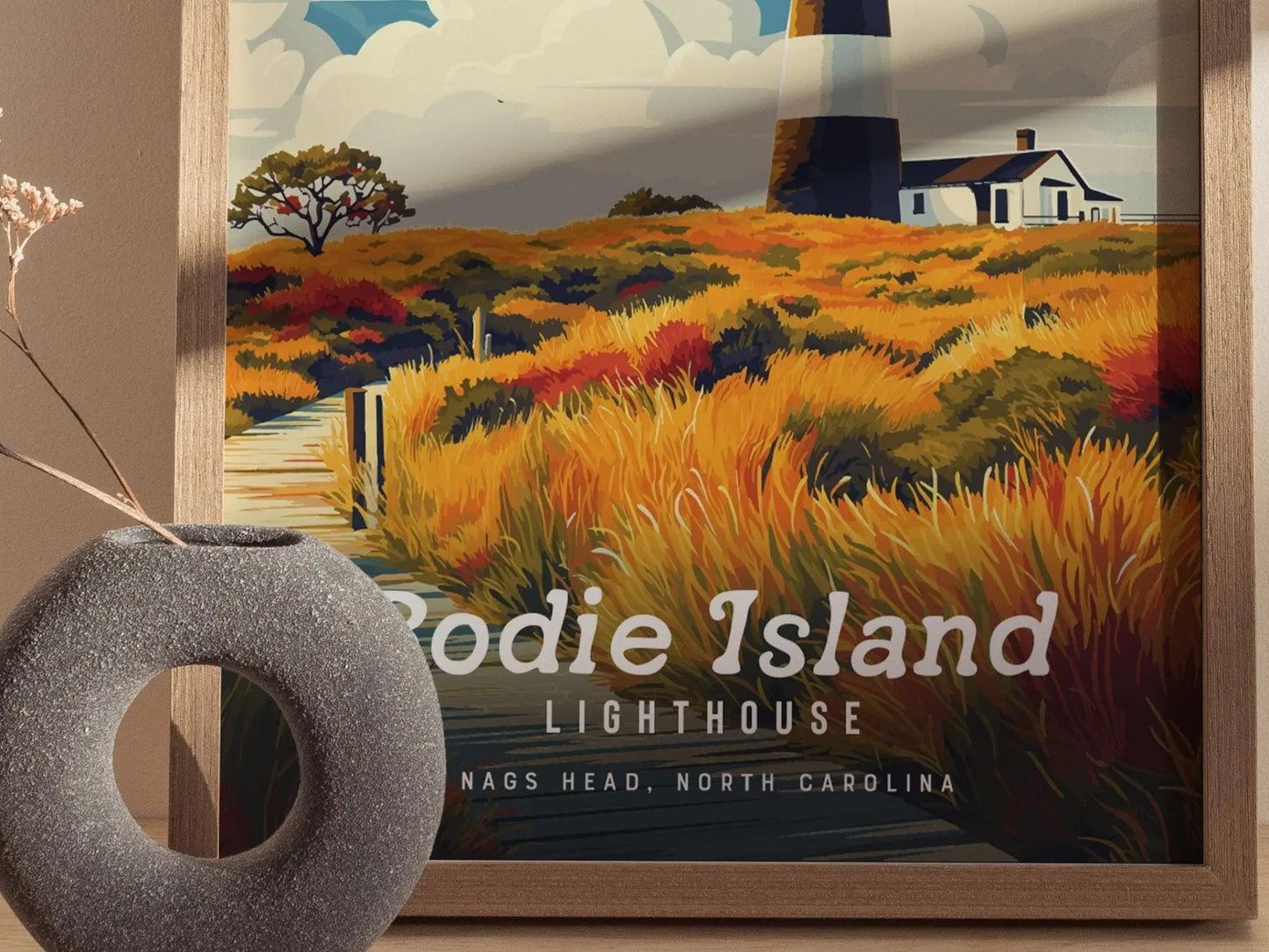Bodie Island Lighthouse, North Carolina - Outer Banks Beacon Poster | Trendy Travel Poster for Airbnb Home Decor Living Room Bathroom Gift - Swell Scenes