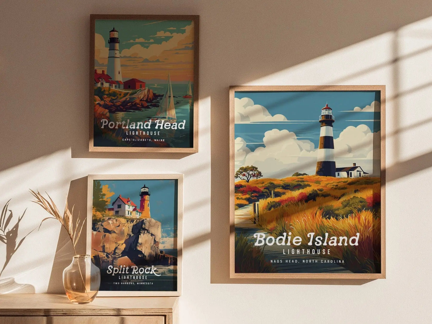 Bodie Island Lighthouse, North Carolina - Outer Banks Beacon Poster | Trendy Travel Poster for Airbnb Home Decor Living Room Bathroom Gift - Swell Scenes