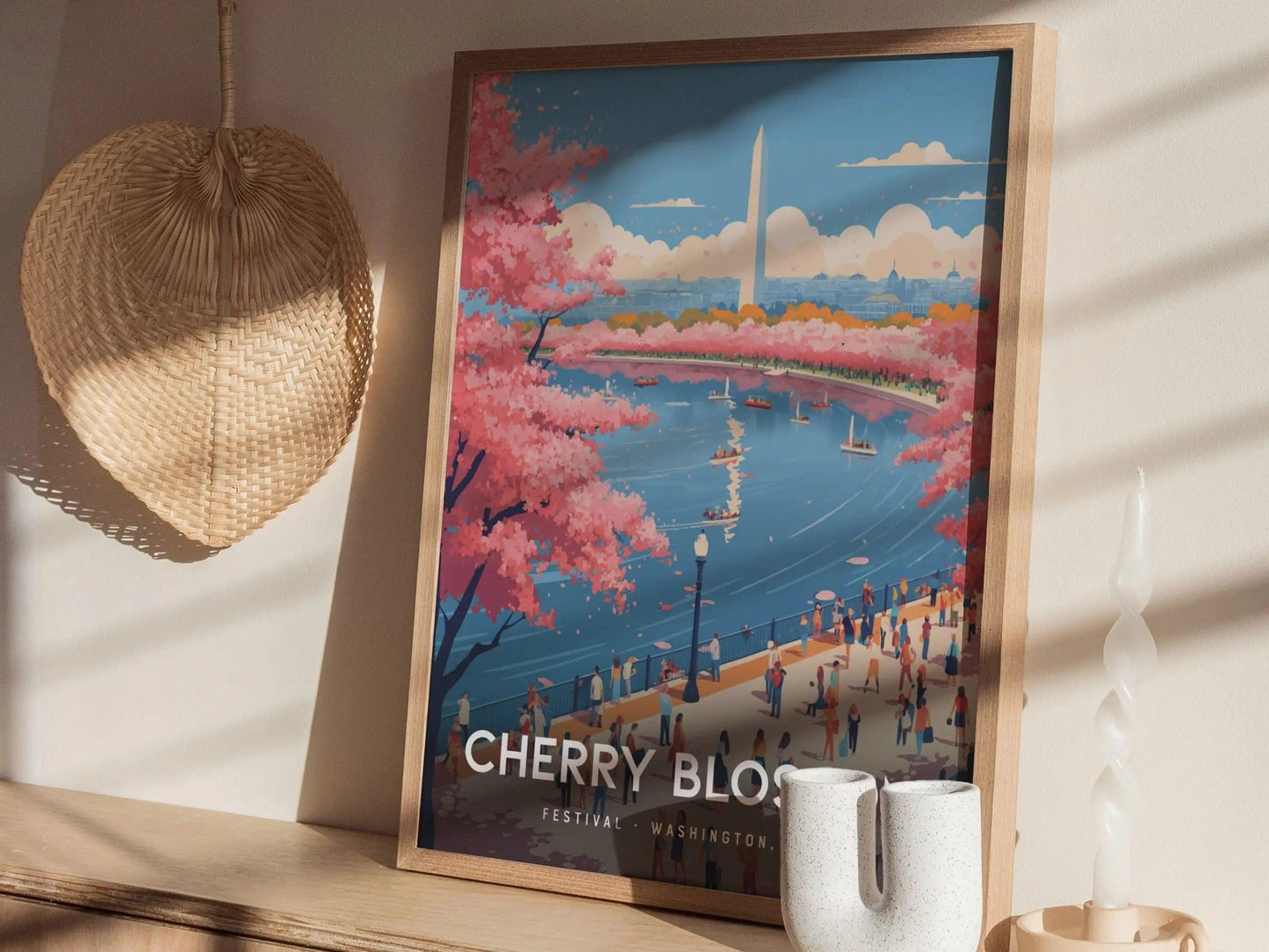 Cherry Blossom Festival, Washington DC - Iconic Blossoms and Monuments Poster | Trendy Travel Poster for Airbnb Home Decor, Living Room Art - Swell Scenes