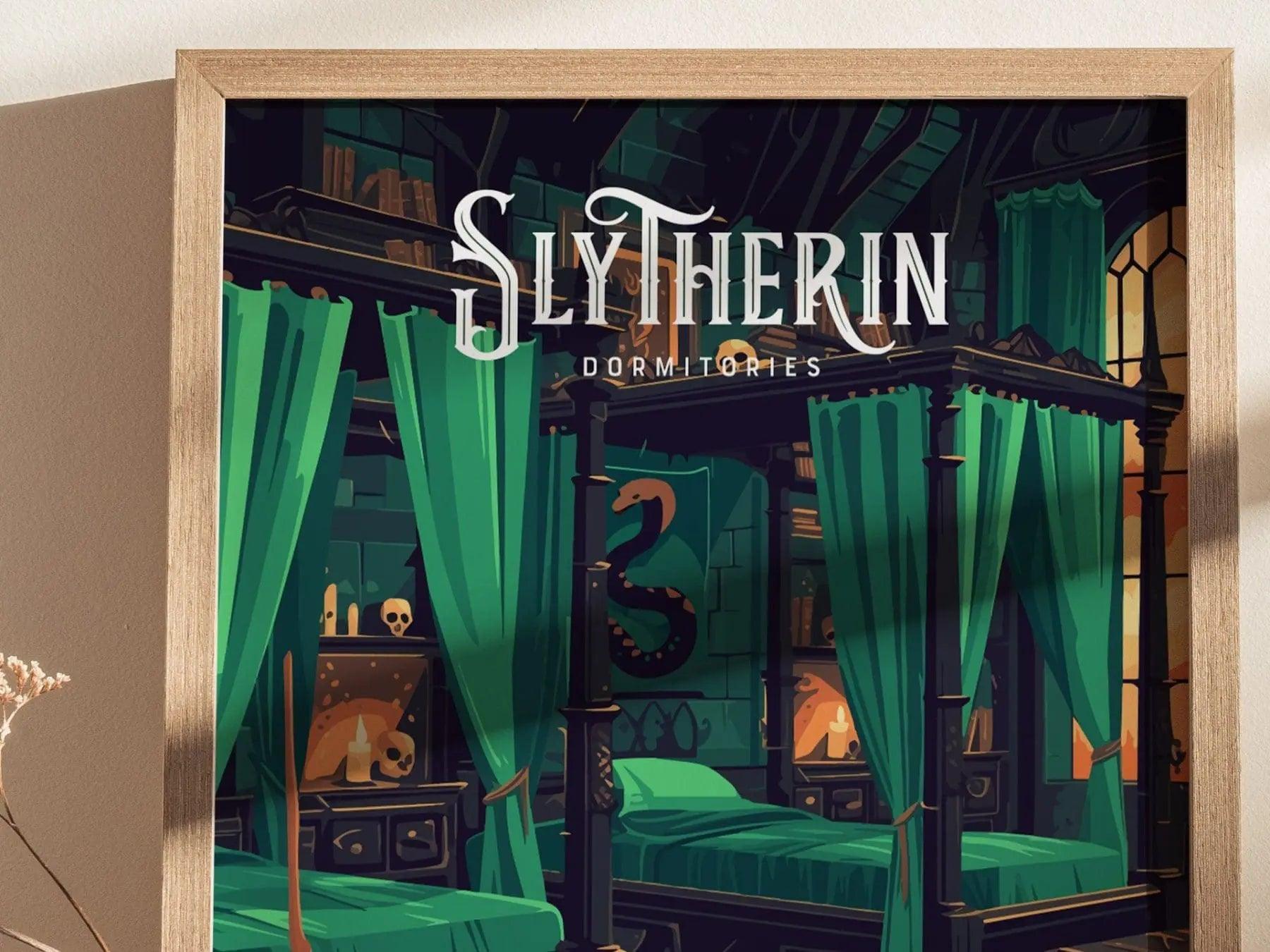 Slytherin dormitory poster alternative angle highlighting Harry Potter Hogwarts dungeon detail and emerald green house colors