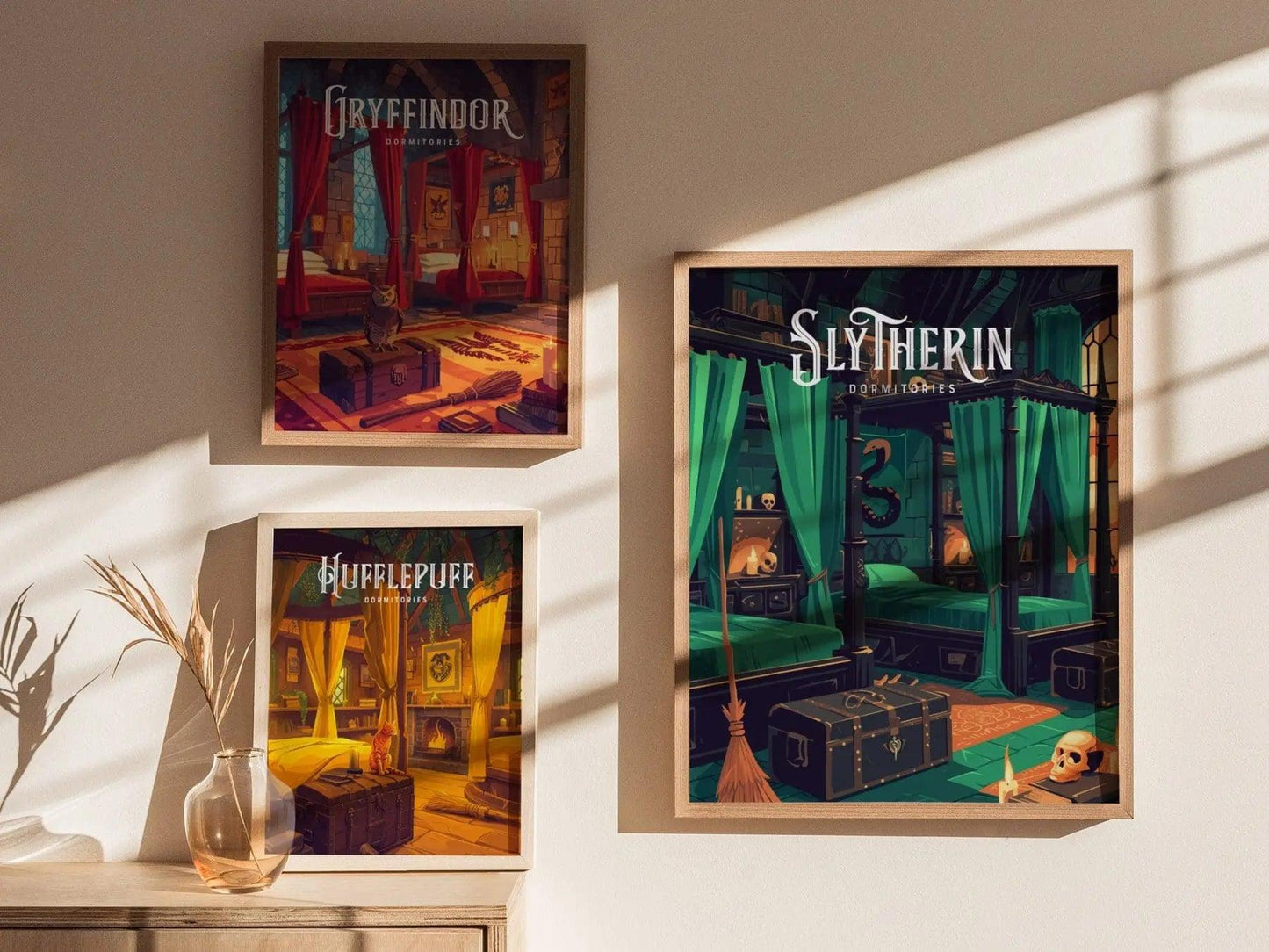 Slytherin wall art displayed in bedroom with Harry Potter Hogwarts dormitory poster and Wizarding World fan decor