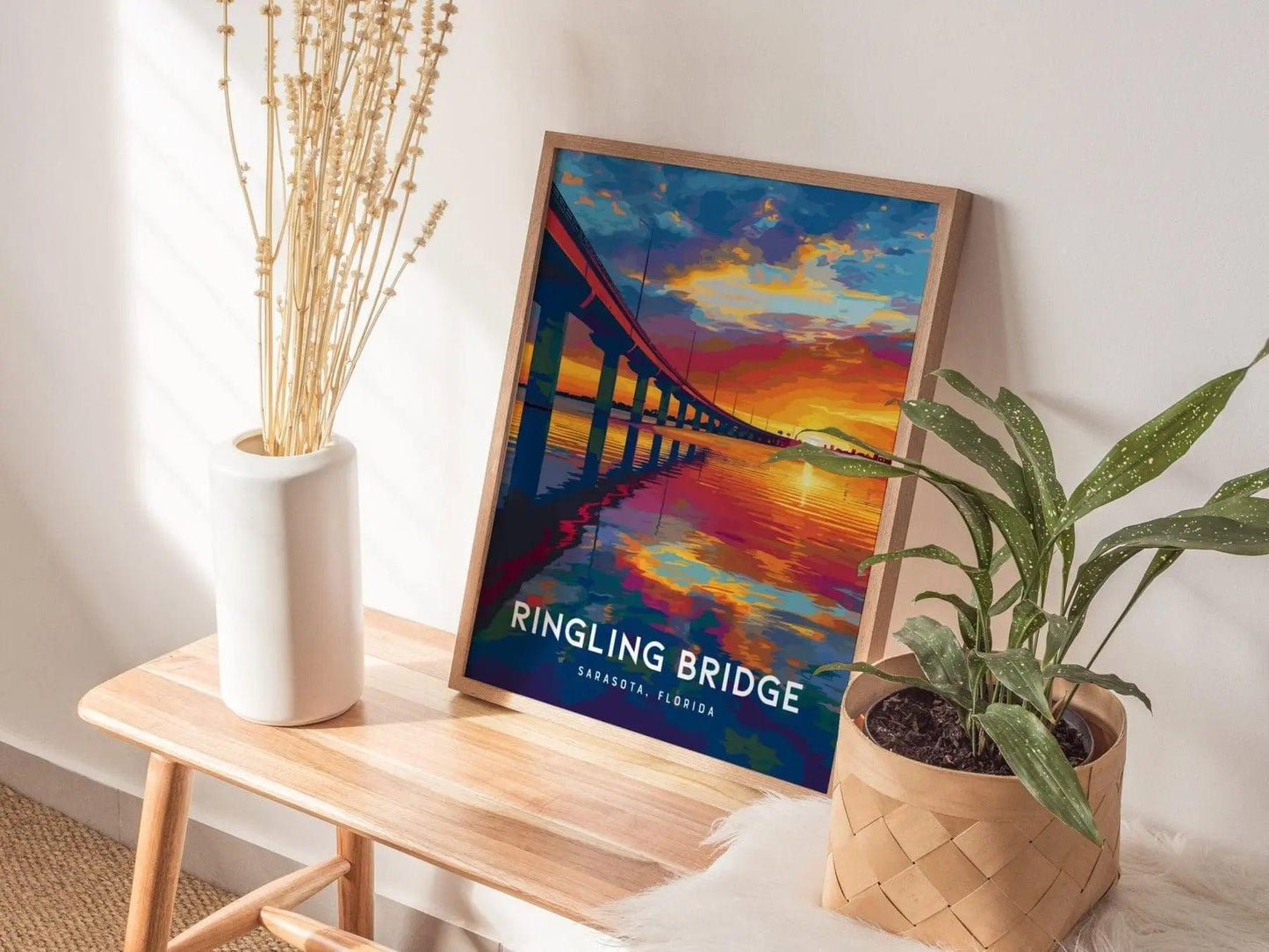 John Ringling Bridge, Sarasota, Florida Framed Wall Art - Causeway Lido Longboat Key Beach Poster Design Bay Sunset Travel Island Print Gift - Swell Scenes