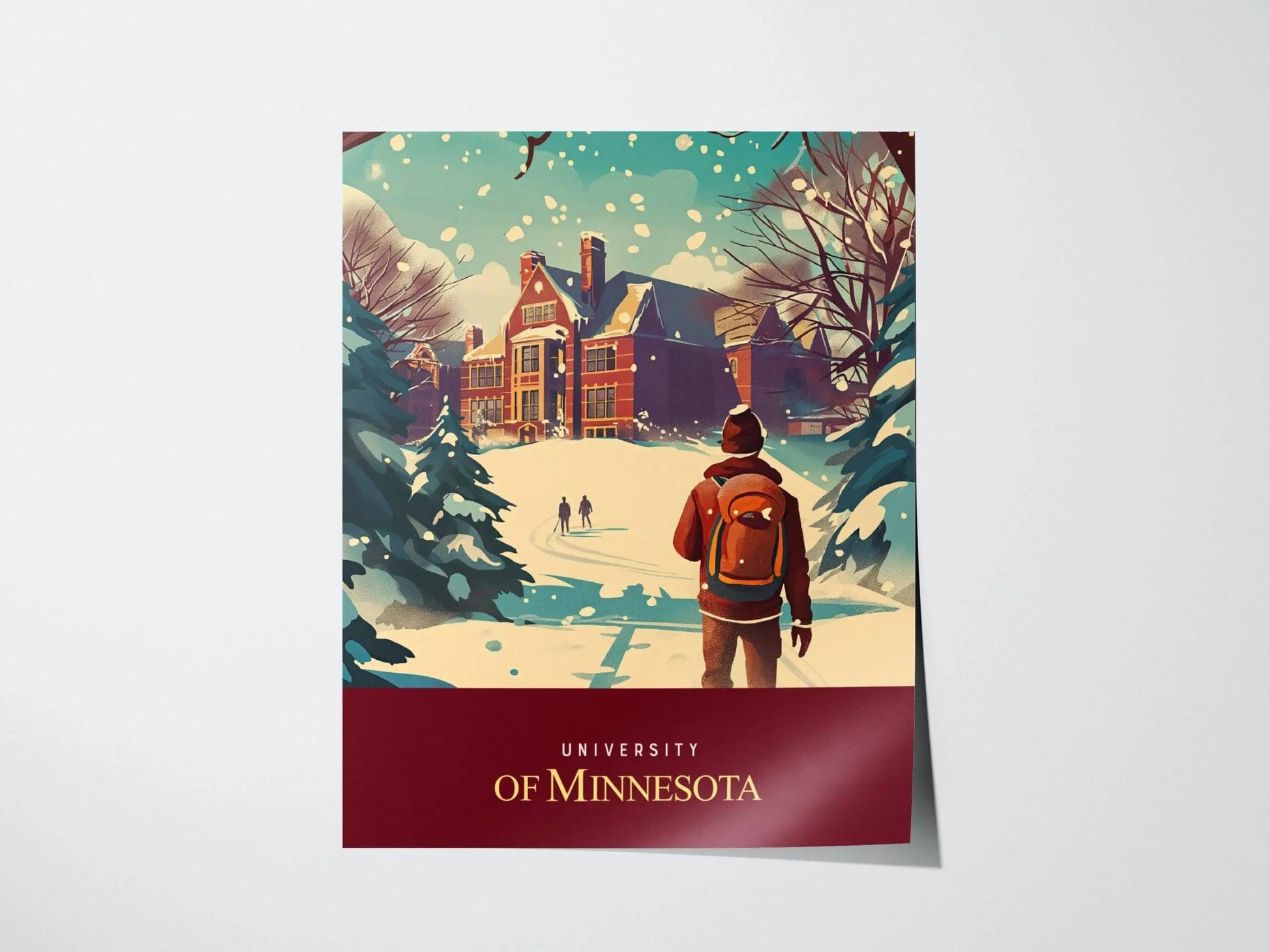 University of Minnesota poster featuring Golden Gophers Twin Cities campus with Northrop Auditorium and alumni art