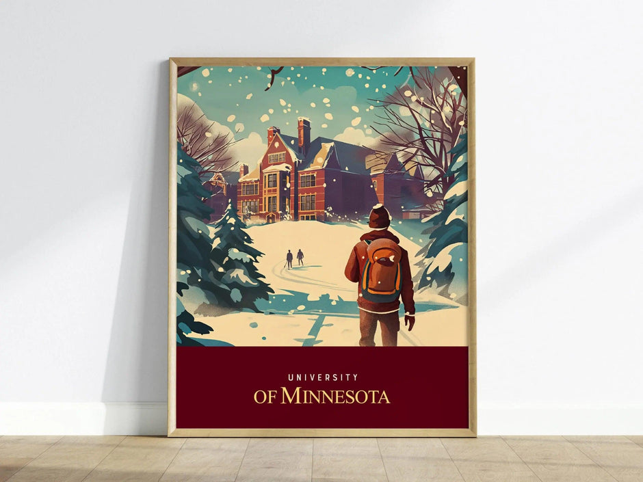 University of Minnesota poster featuring Golden Gophers Twin Cities campus with Northrop Auditorium and alumni art