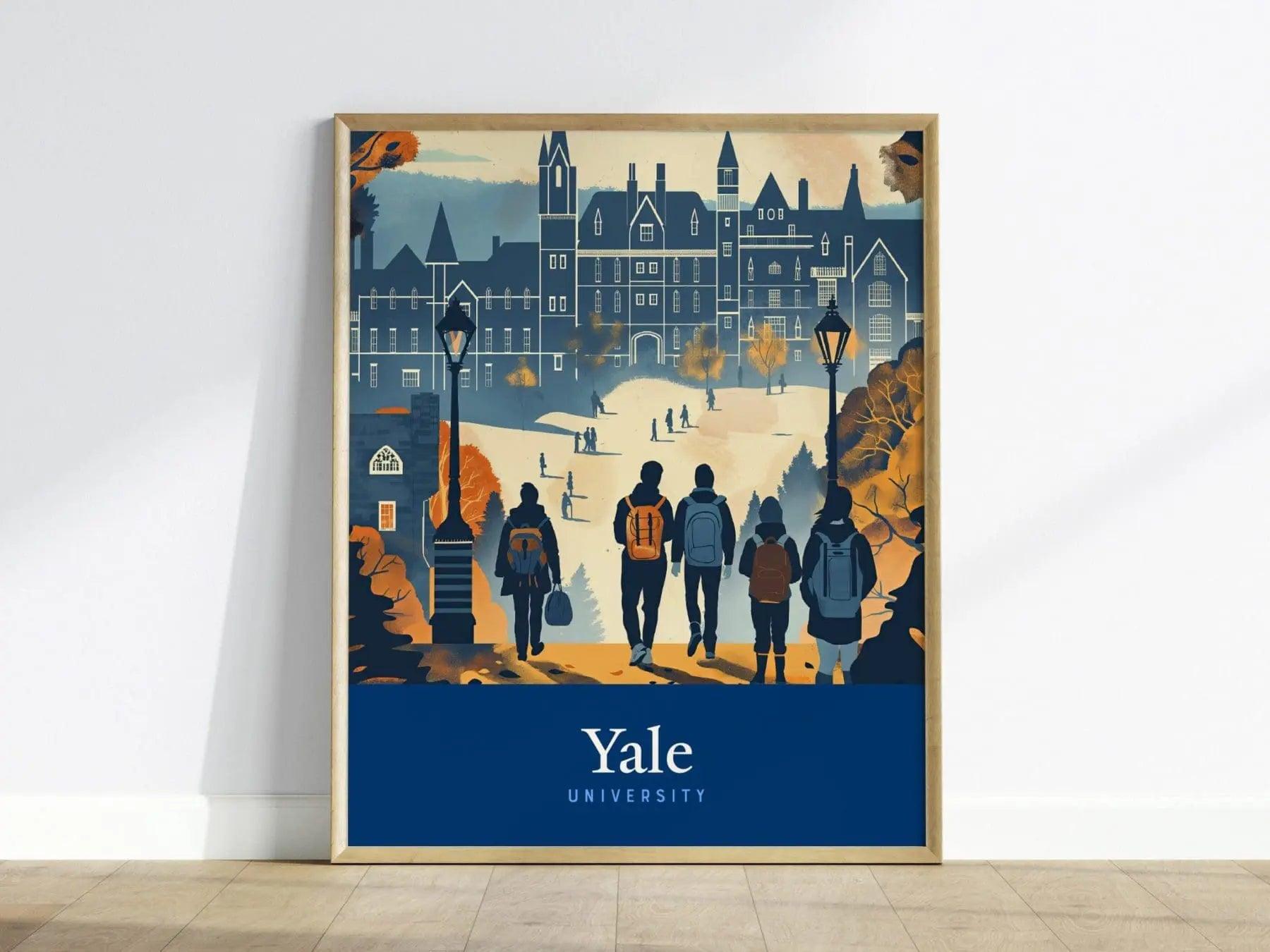 Yale College Campus poster featuring Gothic architecture, Sterling Library, and historic New Haven university buildings wall art
