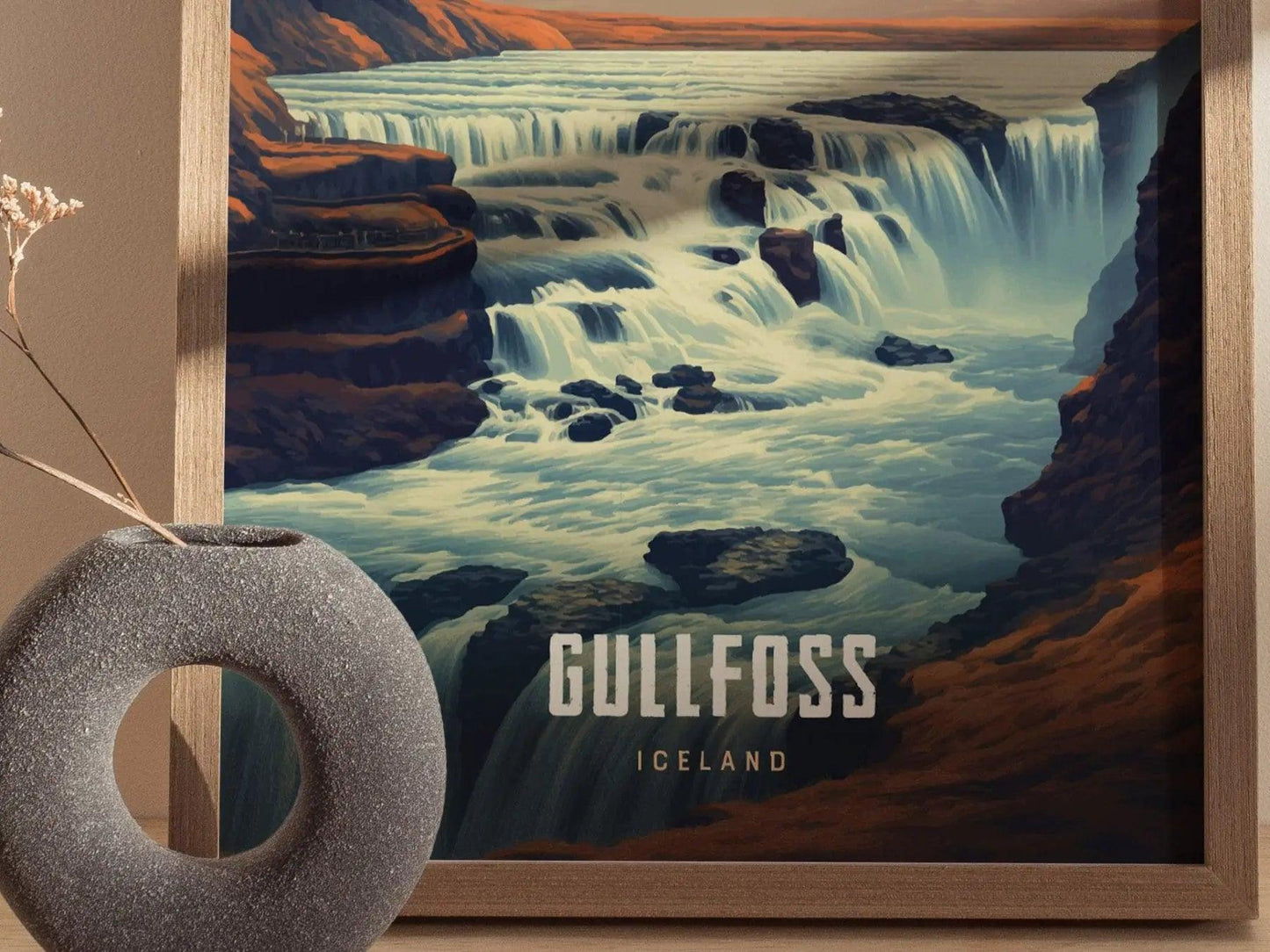 Gullfoss - Iceland's Golden Falls - Breathtaking Waterfall Escape Travel Poster, Icelandic Souvenir, Iceland Travel Print, Reykjavík Decor - Swell Scenes