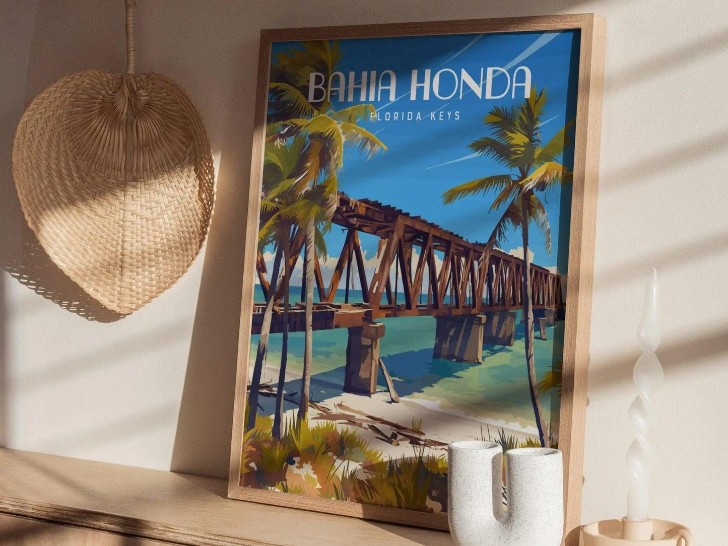 Bahia Honda Key State Park, Florida Keys Framed Wall Art - Bridge Beach Vacation Poster Design Travel Island Print Collection Home Decor Set - Swell Scenes