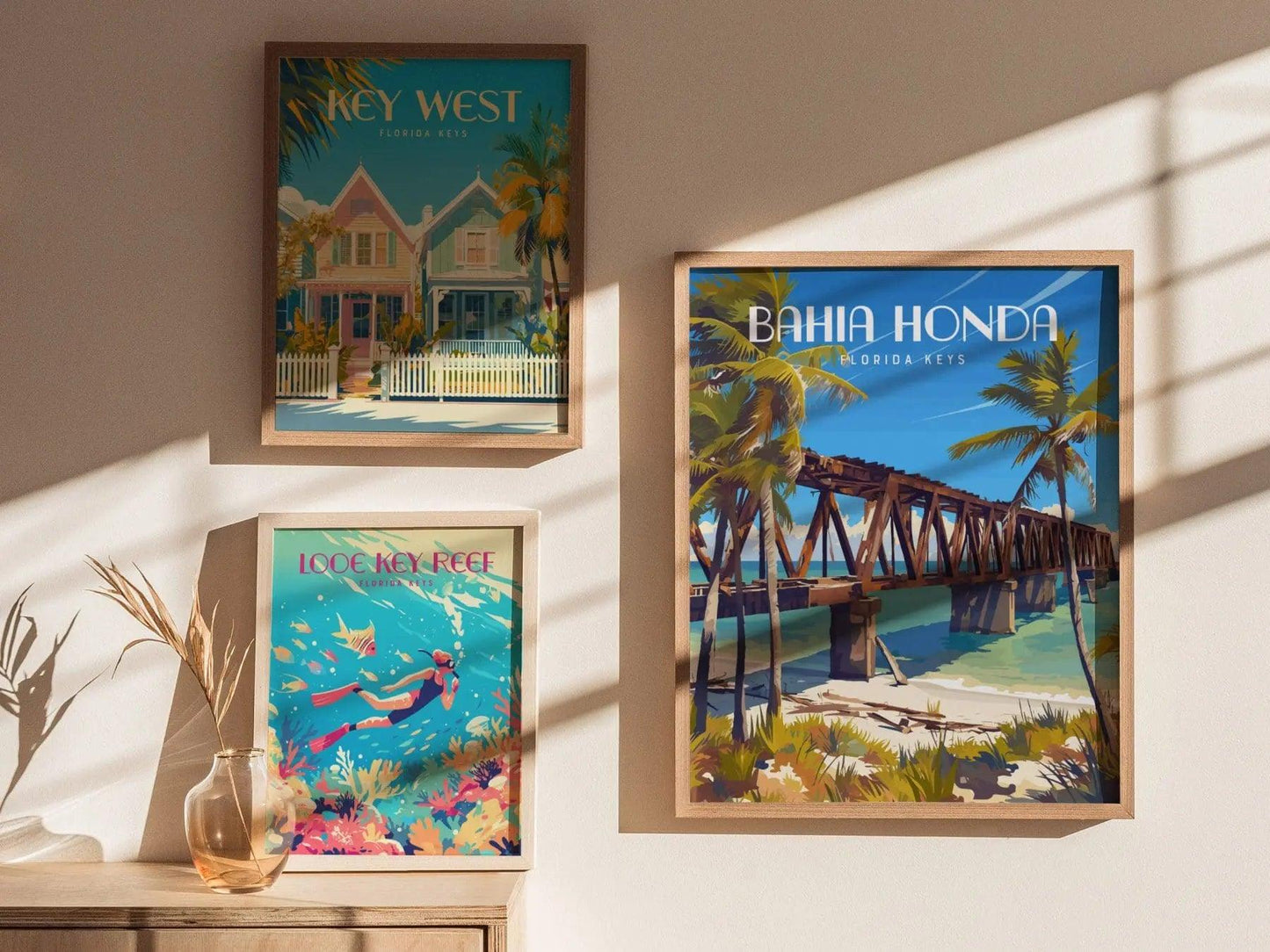 Bahia Honda Key State Park, Florida Keys Framed Wall Art - Bridge Beach Vacation Poster Design Travel Island Print Collection Home Decor Set - Swell Scenes