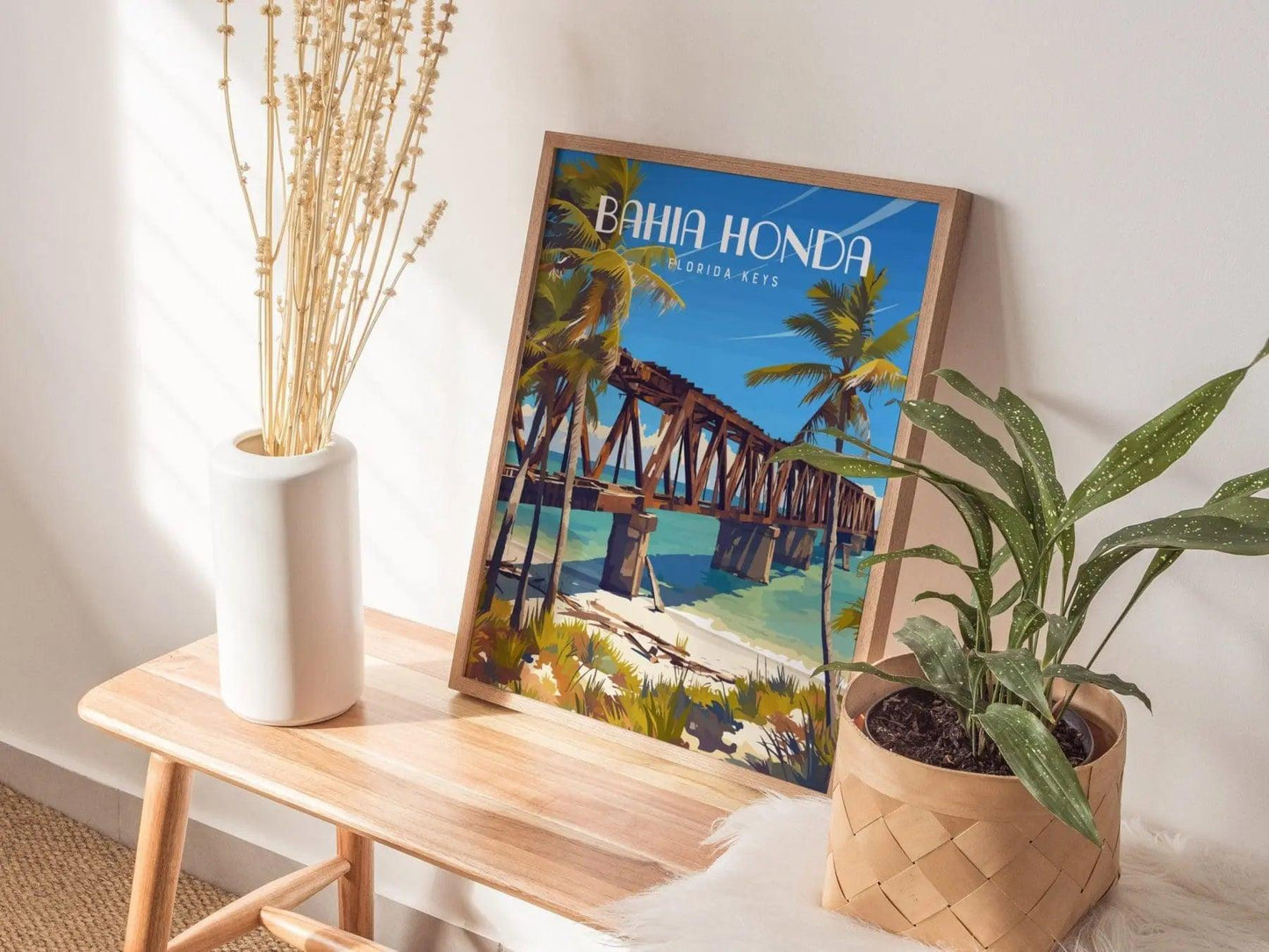 Bahia Honda Key State Park, Florida Keys Framed Wall Art - Bridge Beach Vacation Poster Design Travel Island Print Collection Home Decor Set - Swell Scenes