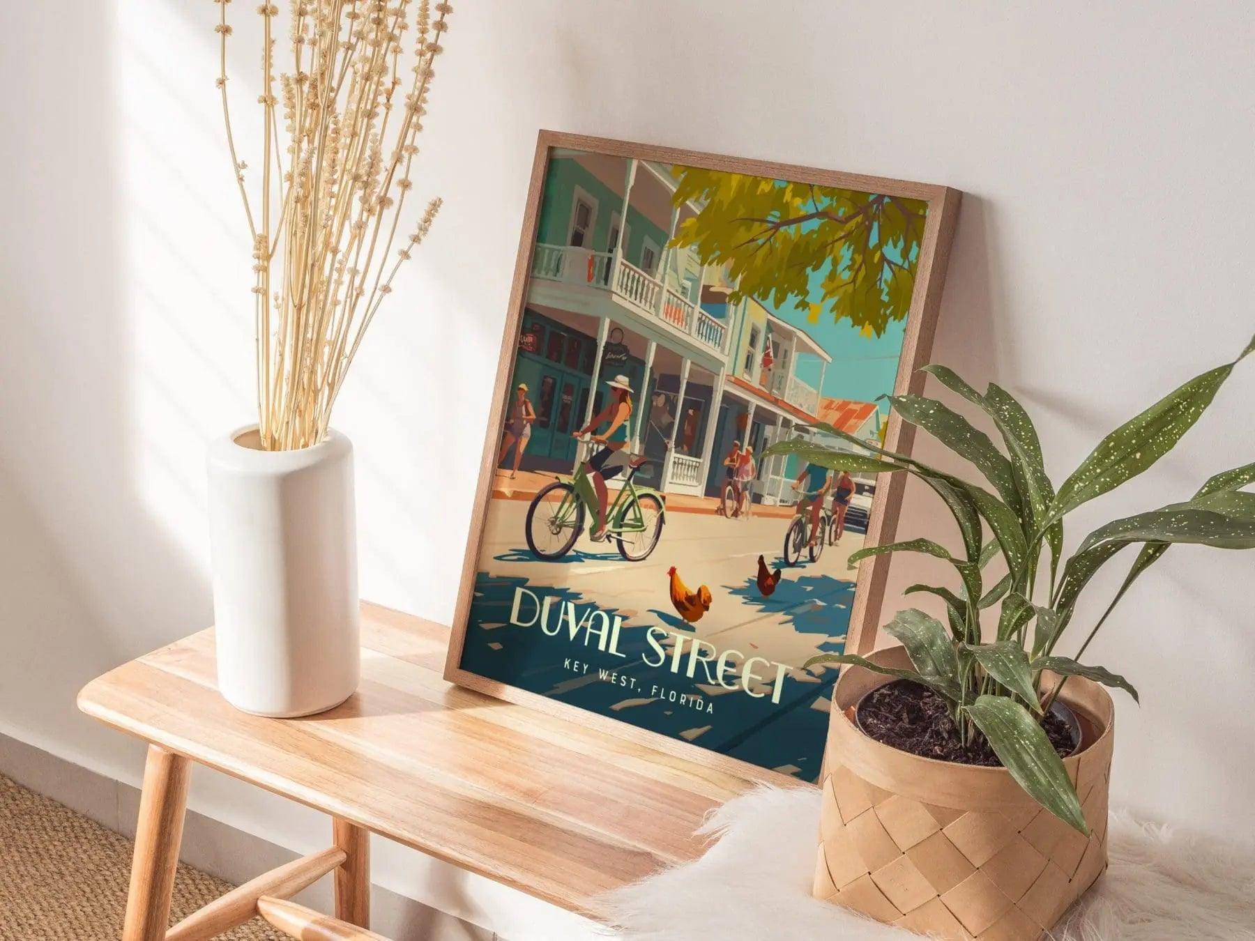 Duval Street, Key West, Florida Keys Framed Wall Art - Bikes Vacation Poster Design Travel Island Print Collection Home Beach Cottage Decor - Swell Scenes