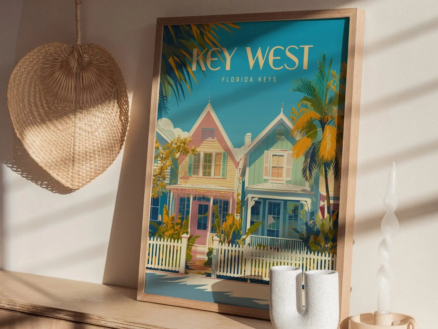 Key West, Florida Keys Framed Wall Art - Pastel Beach Cottages Vacation Rental Poster Design Travel Print Home Cottage Decor Collection Set - Swell Scenes