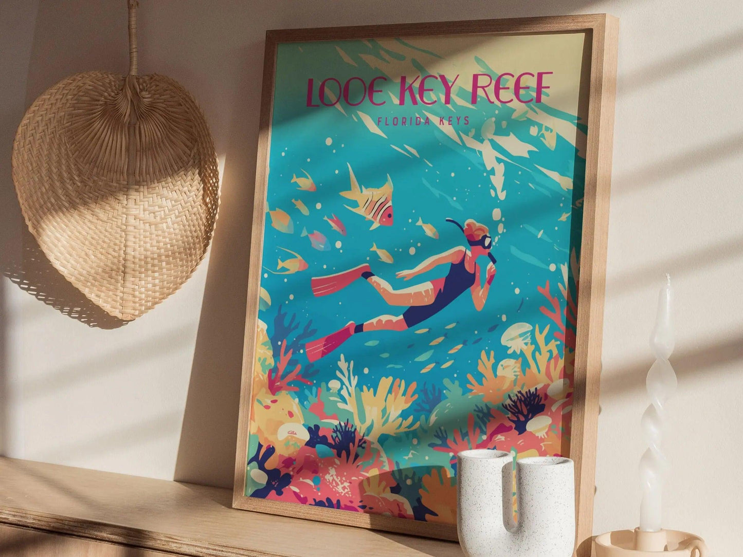 Looe Key Coral Reef, Florida Keys Framed Wall Art - Snorkel Dive Diving Island Vacation Poster Design Travel Print Home Beach Cottage Decor - Swell Scenes