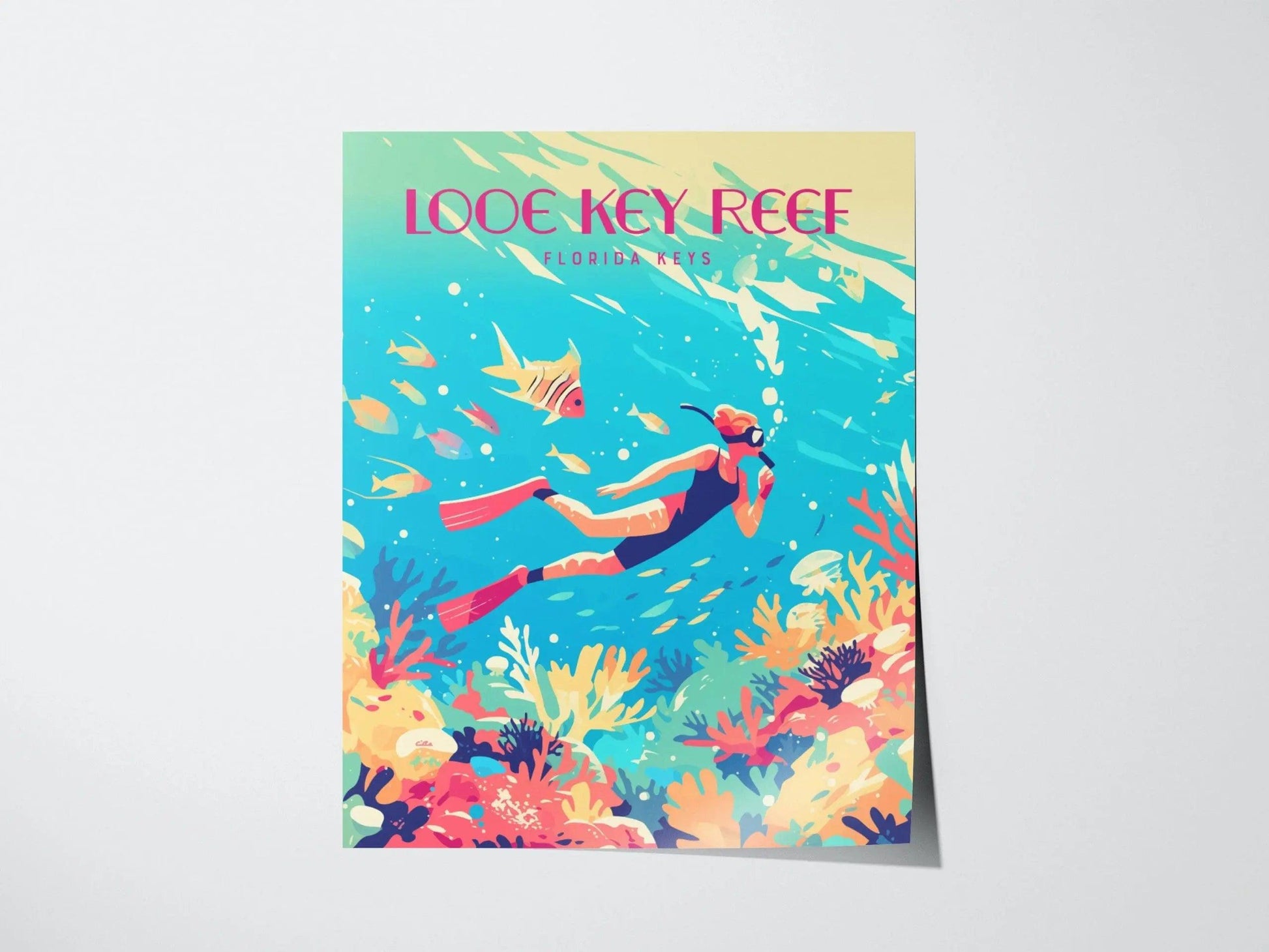 Looe Key Coral Reef, Florida Keys Framed Wall Art - Snorkel Dive Diving Island Vacation Poster Design Travel Print Home Beach Cottage Decor - Swell Scenes