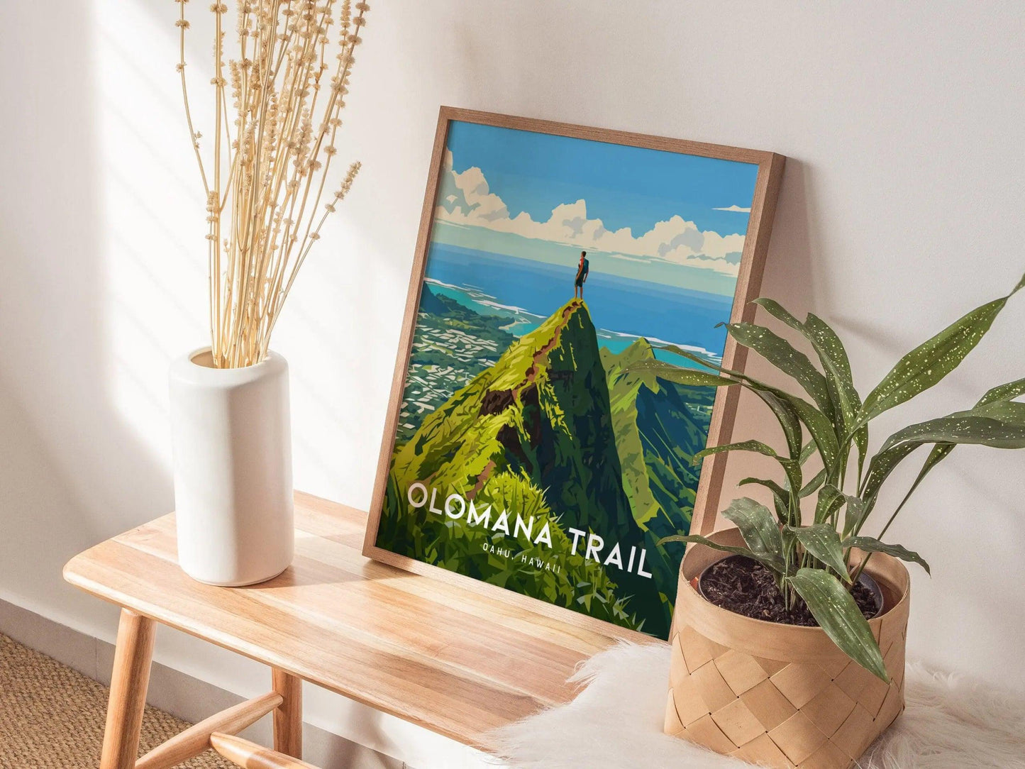 Mount Olomana Trail, Kailua, Hawaii, Framed Art | Oahu Island Poster Design Travel Hiking Tropical Hawaiian Rental Home Decor Print Gift Set - Swell Scenes