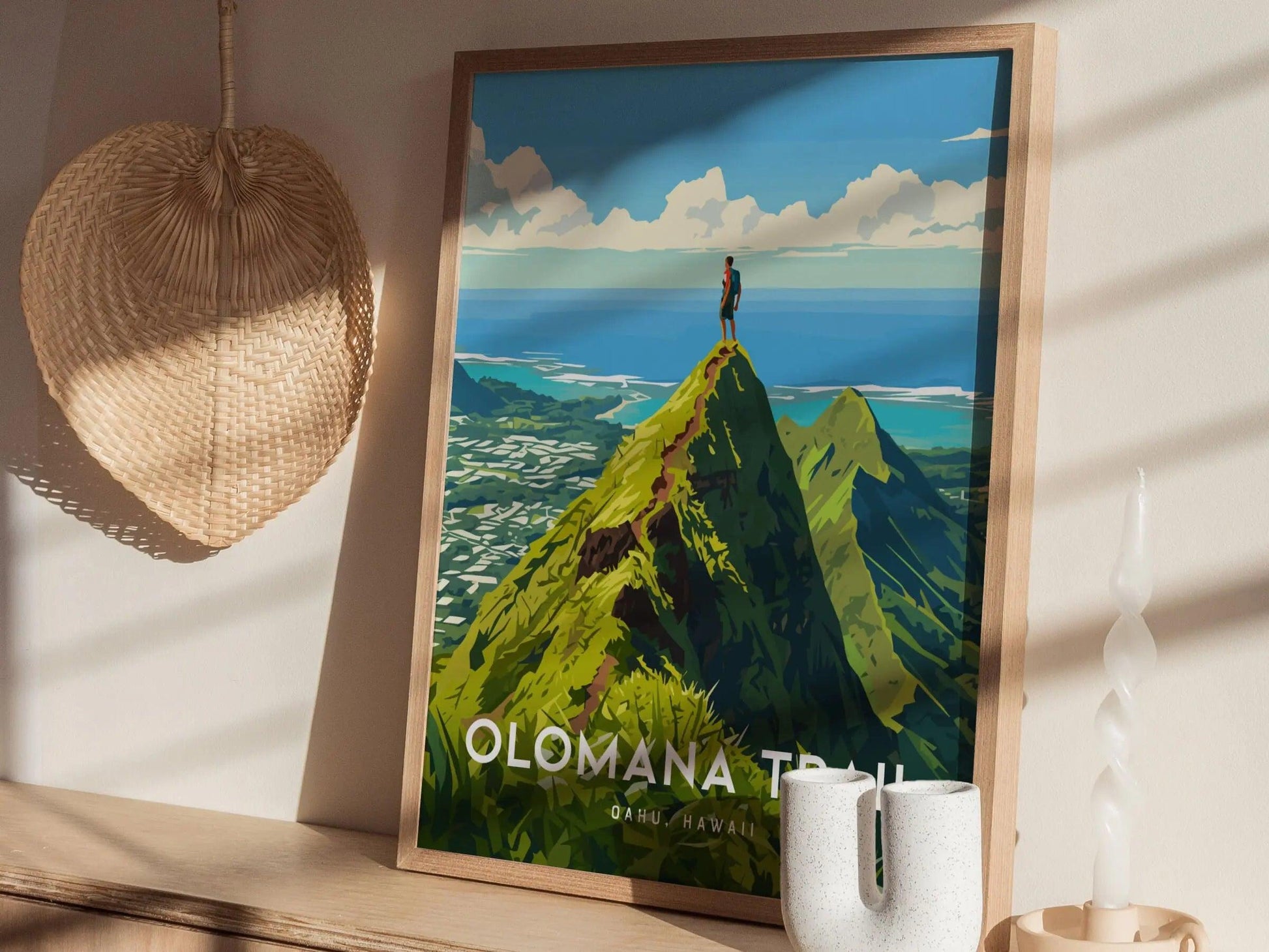 Mount Olomana Trail, Kailua, Hawaii, Framed Art | Oahu Island Poster Design Travel Hiking Tropical Hawaiian Rental Home Decor Print Gift Set - Swell Scenes
