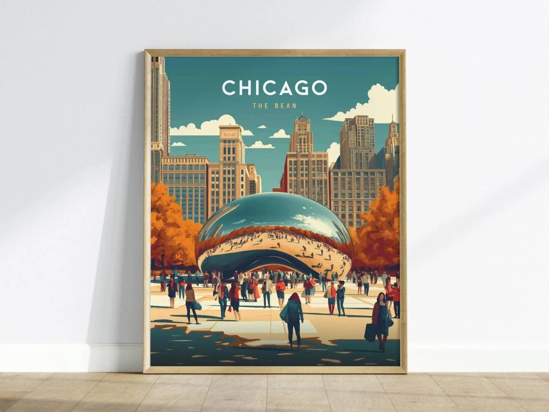Chicago Travel Poster, Chicago Poster Print, Chicago Bean Wall Art, Custom Framed Poster, Personalized Travel Poster, Birthday Gifts Decor - Swell Scenes
