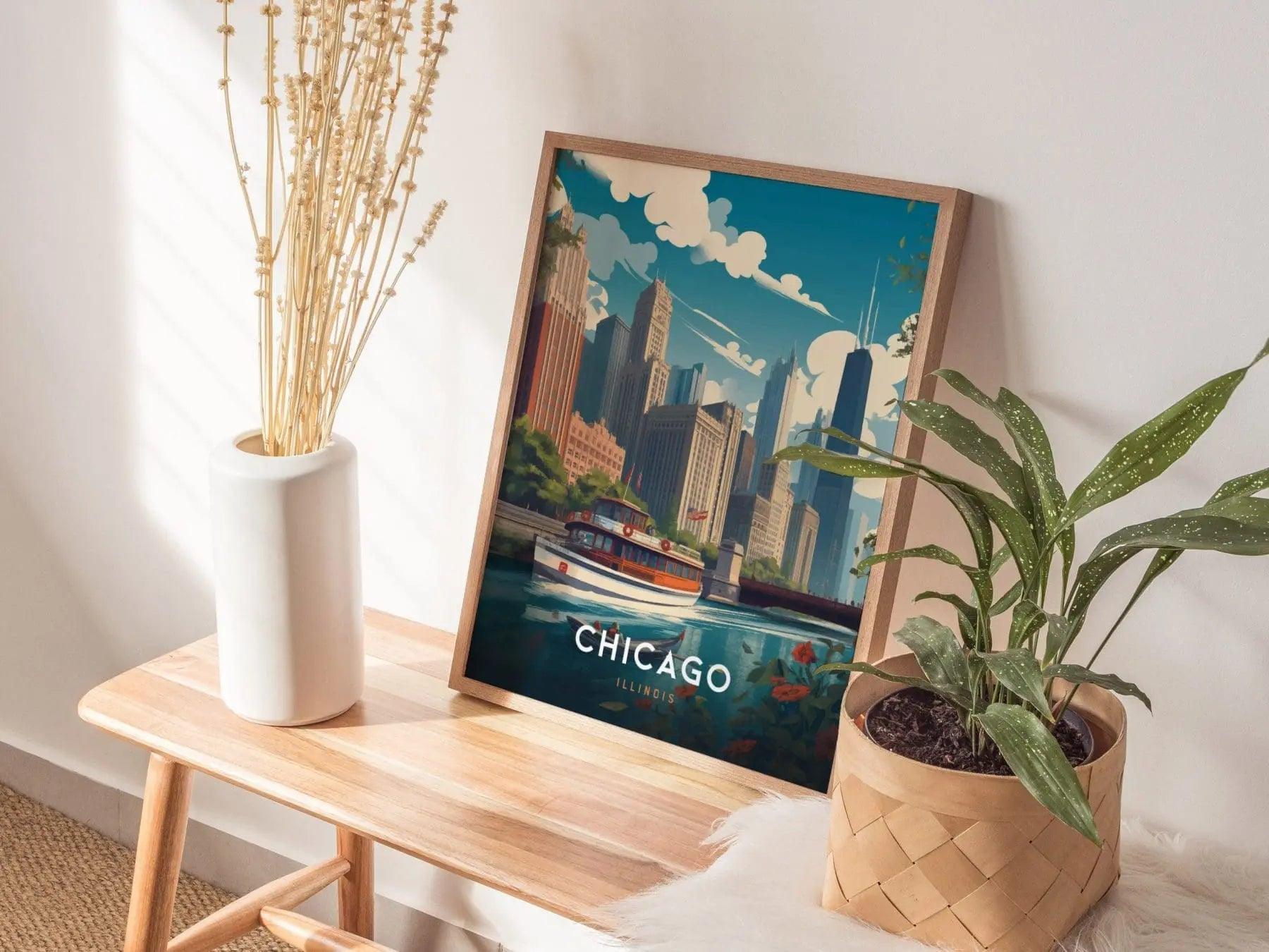 Chicago Framed Travel Poster, Chicago Poster Print, Chicago City Riverwalk Wall Art, Chicago Illinois Travel Poster, Traveler Home Decor - Swell Scenes