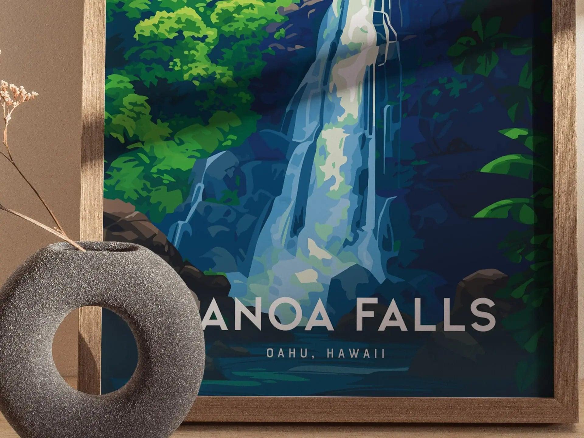 Manoa Falls, Oahu, Hawaii, Framed Art | Hawaiian Waterfall Hike Island Poster Design Travel Hiking Tropical Rental Home Decor Print Gift Set - Swell Scenes