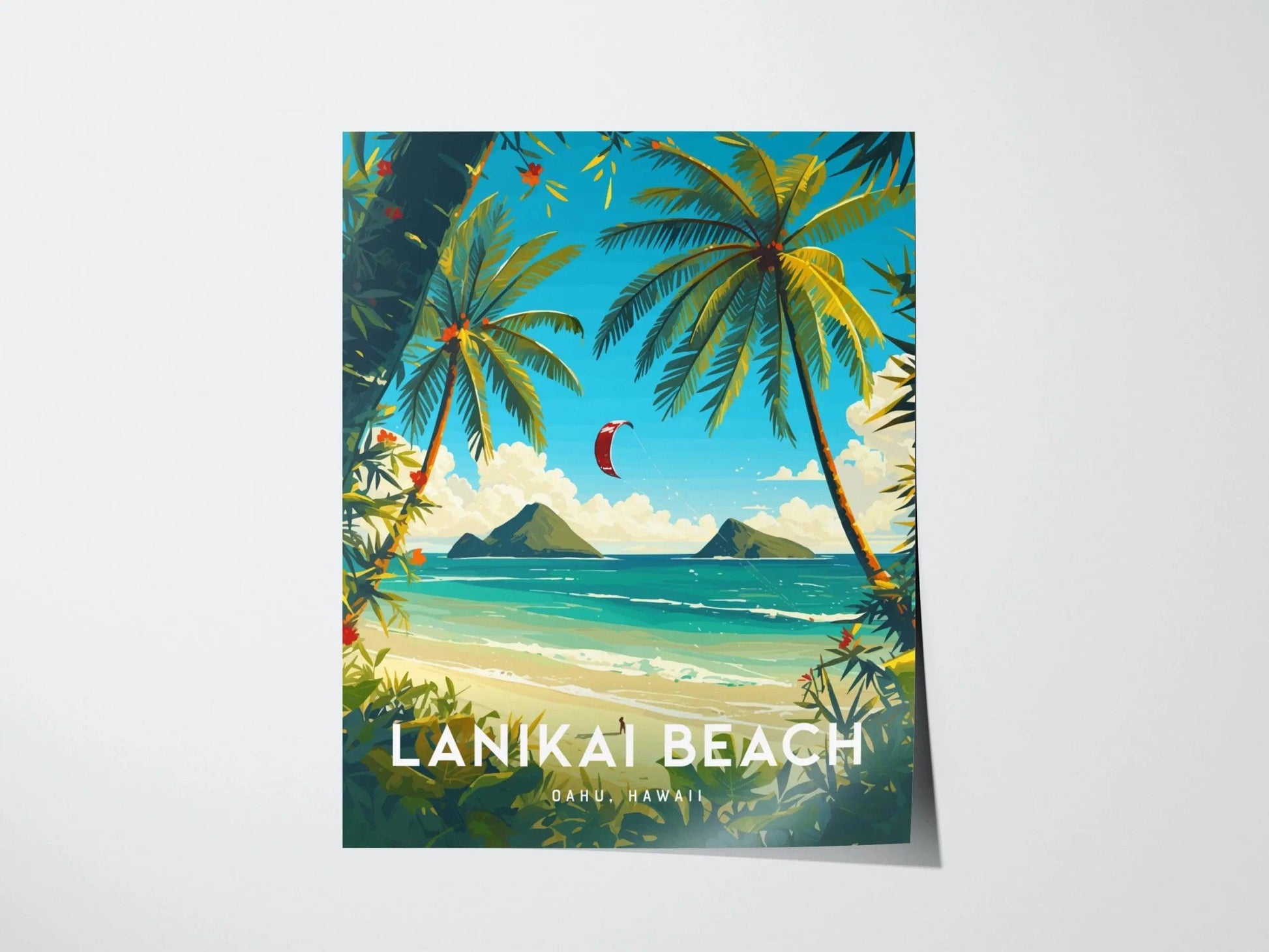 Lanikai Beach, Kailua, Oahu, Hawaii, Framed Art | Hawaiian Island Poster Design Travel Kite Surfer Tropical Rental Home Decor Print Gift Set - Swell Scenes