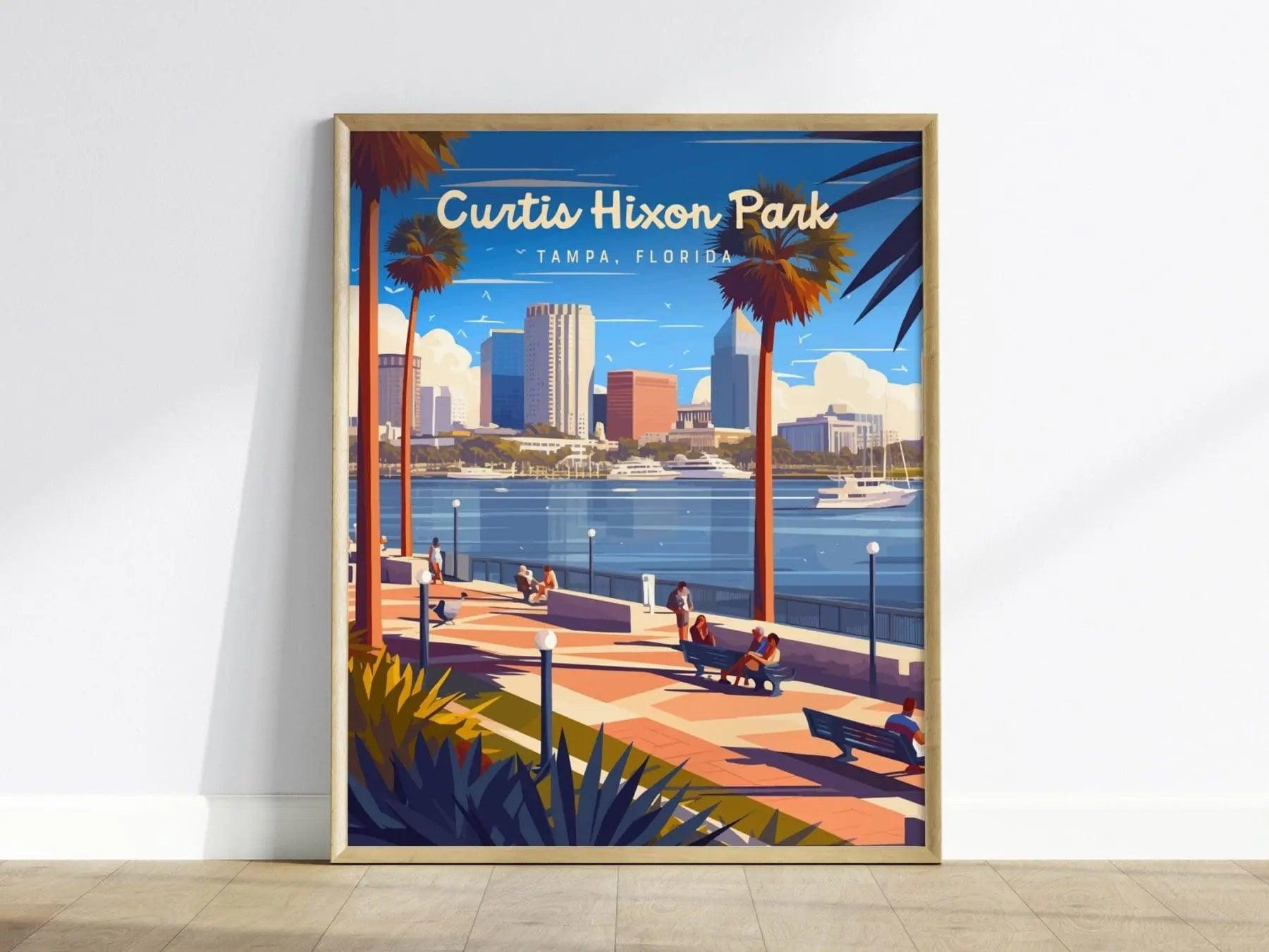 Curtis Hixon Park, Tampa, Florida Framed Wall Art, Downtown Tampa City Hillsborough River Boats Poster Design Travel Print Home Decor Set - Swell Scenes