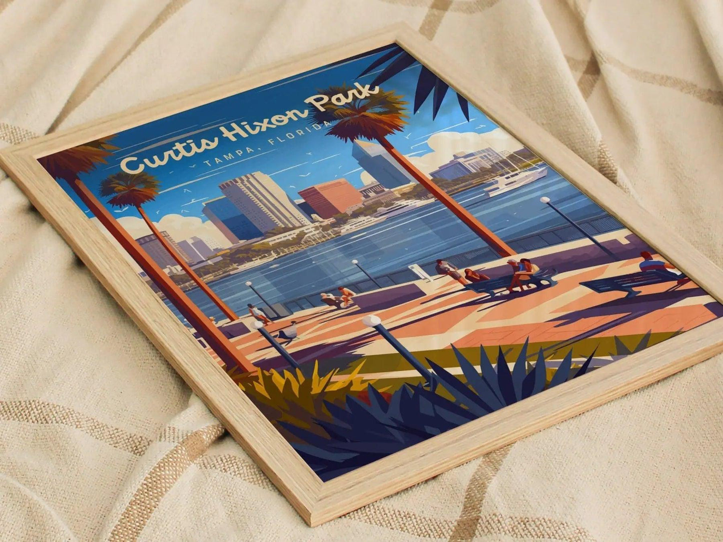 Curtis Hixon Park, Tampa, Florida Framed Wall Art, Downtown Tampa City Hillsborough River Boats Poster Design Travel Print Home Decor Set - Swell Scenes