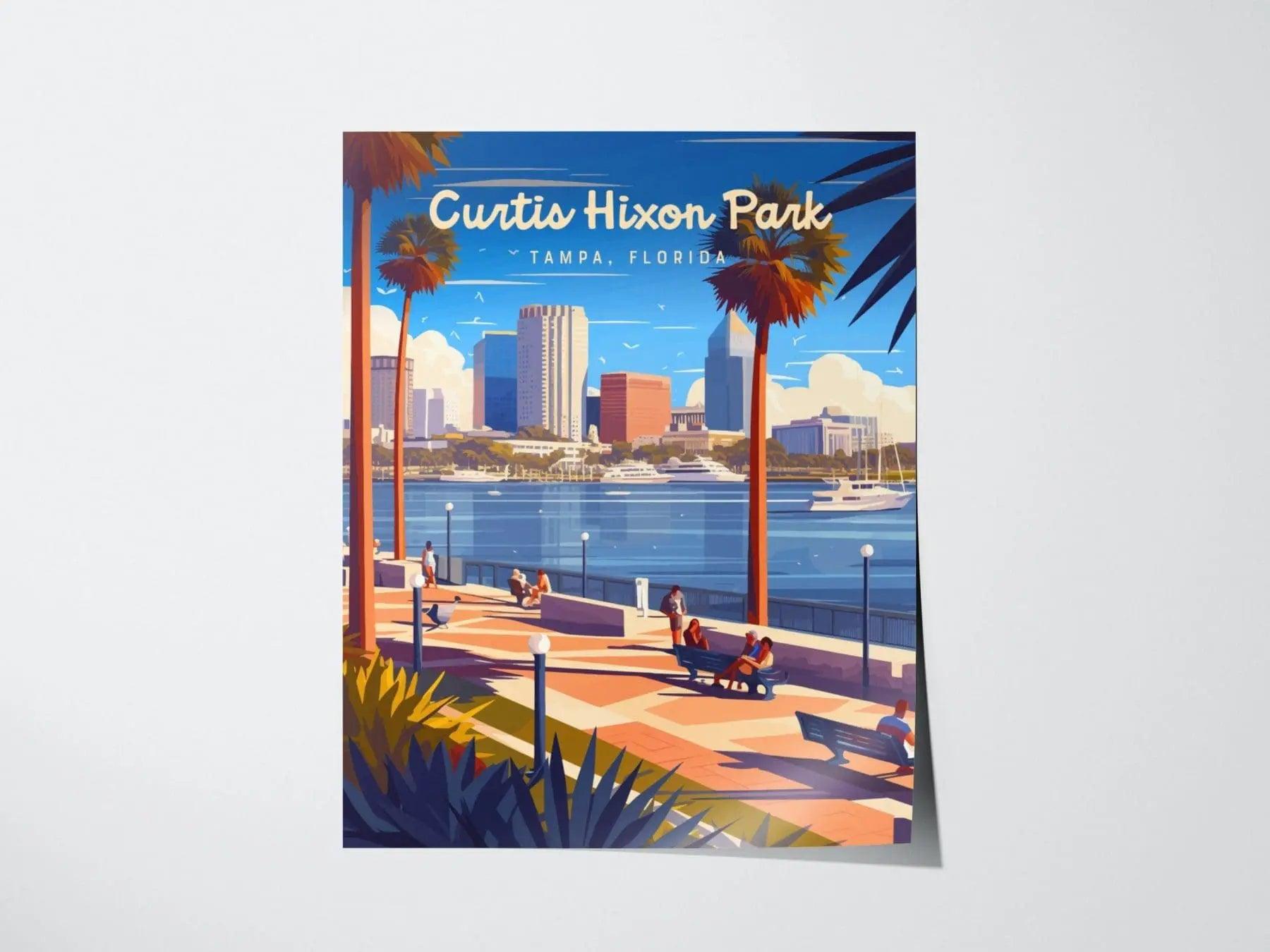 Curtis Hixon Park, Tampa, Florida Framed Wall Art, Downtown Tampa City Hillsborough River Boats Poster Design Travel Print Home Decor Set - Swell Scenes