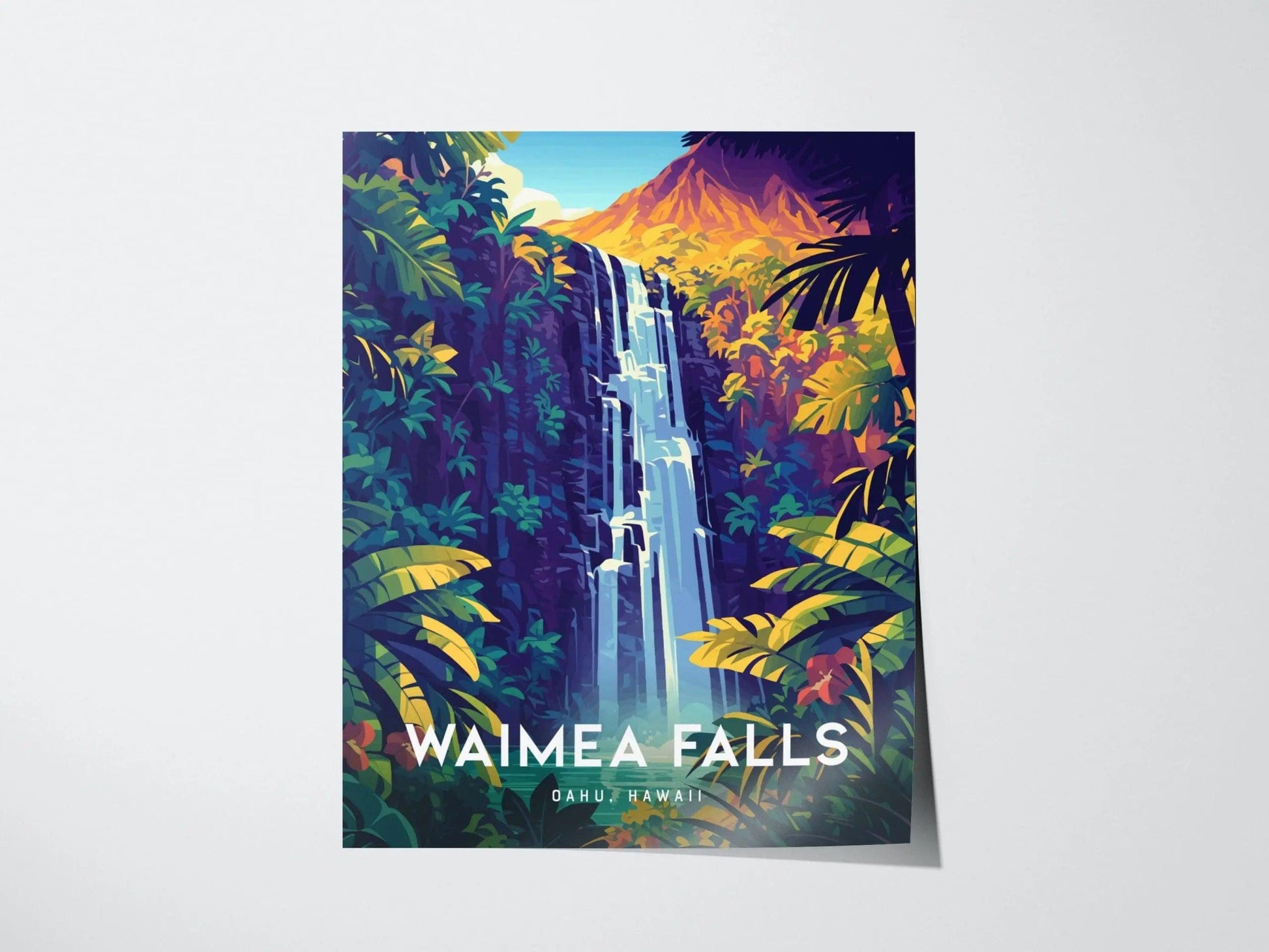 Waimea Valley Falls, Oahu, Hawaii, Framed Wall Art | North Shore Waterfall Hike Island Travel Poster Park Tropical Home Decor Print Gift Set - Swell Scenes