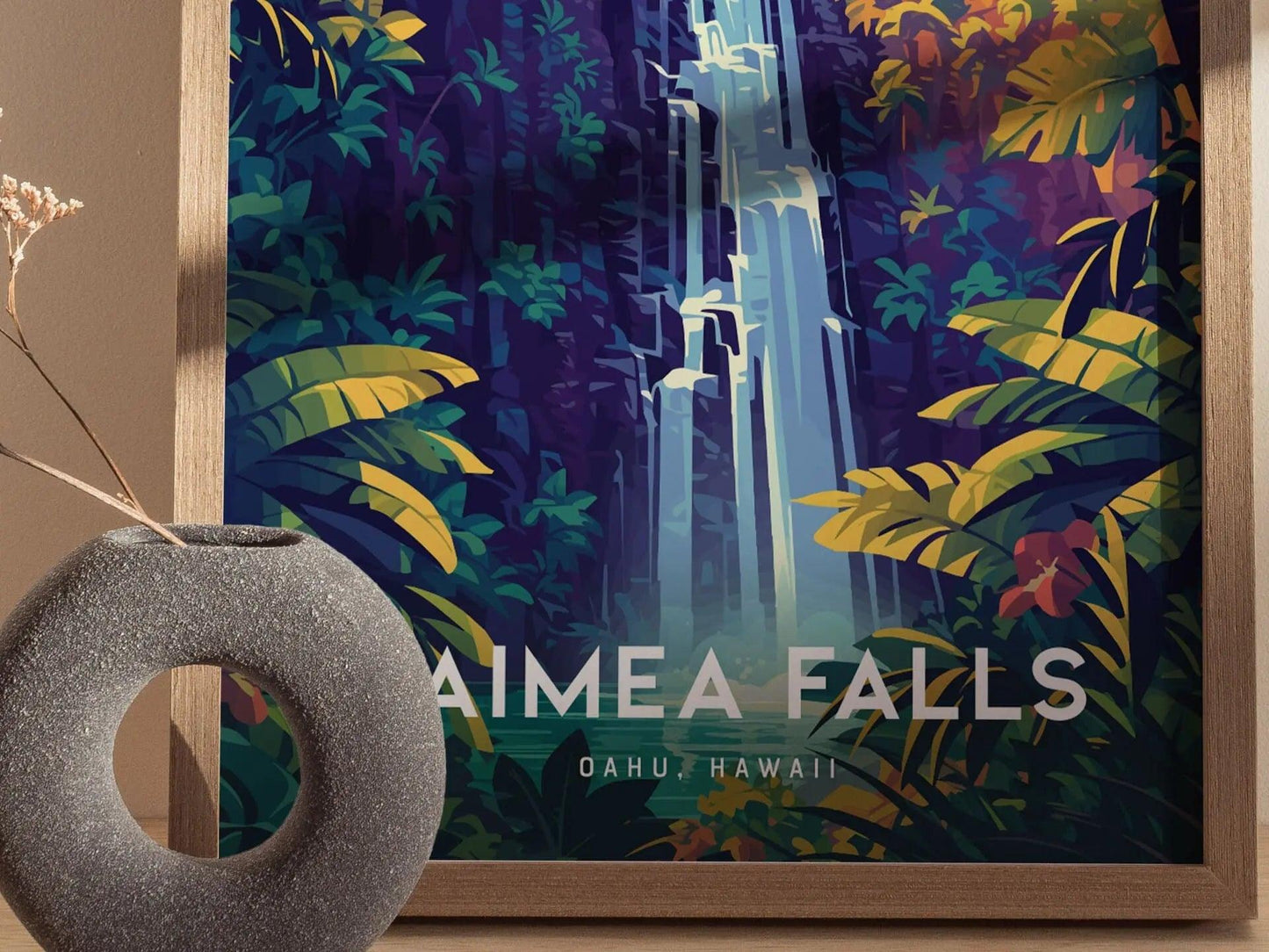 Waimea Valley Falls, Oahu, Hawaii, Framed Wall Art | North Shore Waterfall Hike Island Travel Poster Park Tropical Home Decor Print Gift Set - Swell Scenes