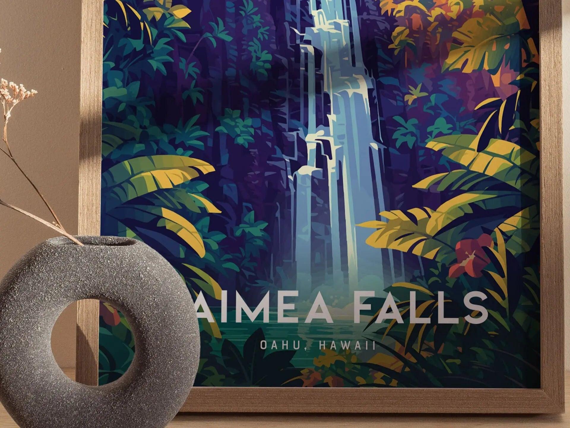 Waimea Valley Falls, Oahu, Hawaii, Framed Wall Art | North Shore Waterfall Hike Island Travel Poster Park Tropical Home Decor Print Gift Set - Swell Scenes