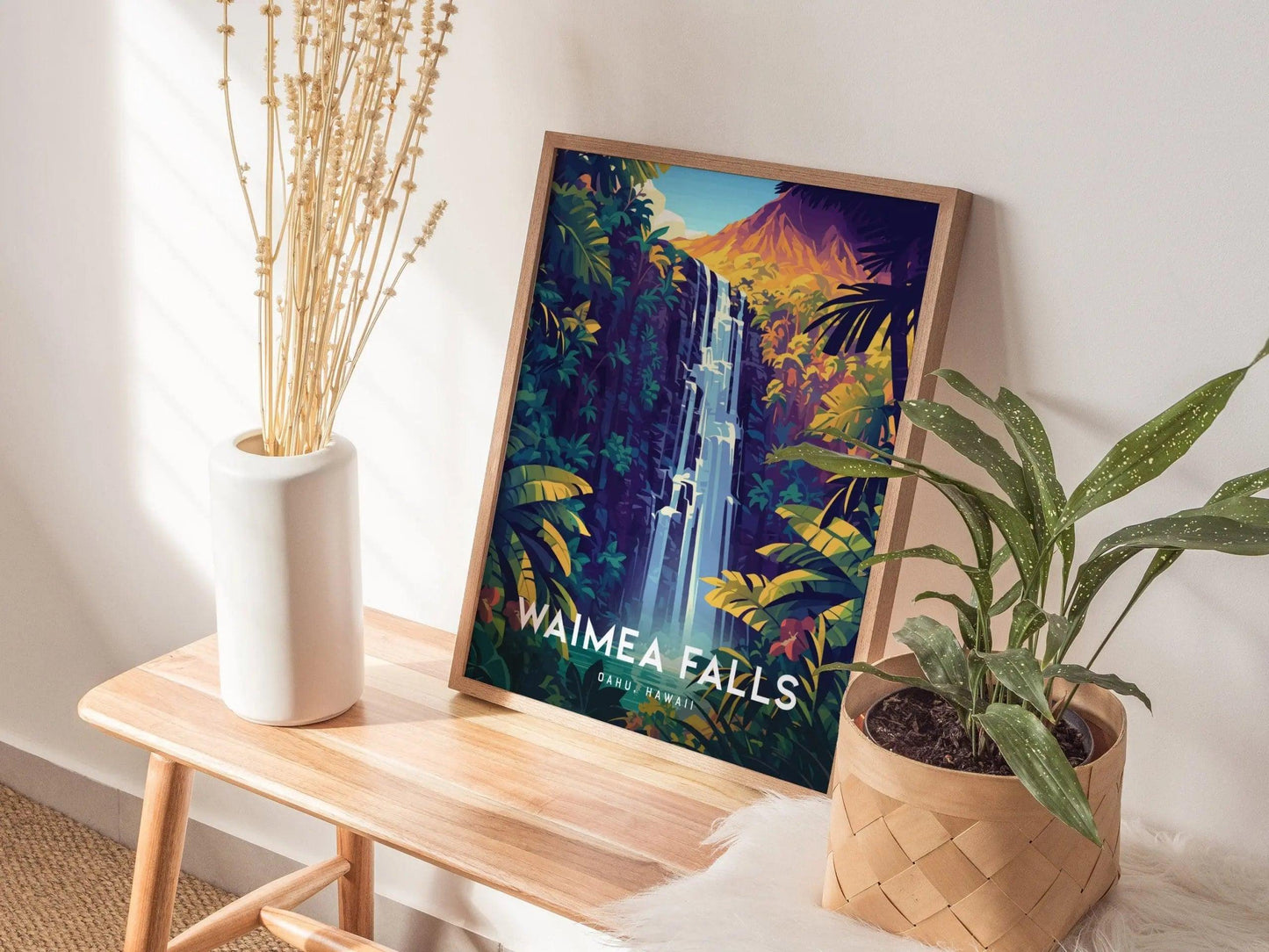 Waimea Valley Falls, Oahu, Hawaii, Framed Wall Art | North Shore Waterfall Hike Island Travel Poster Park Tropical Home Decor Print Gift Set - Swell Scenes