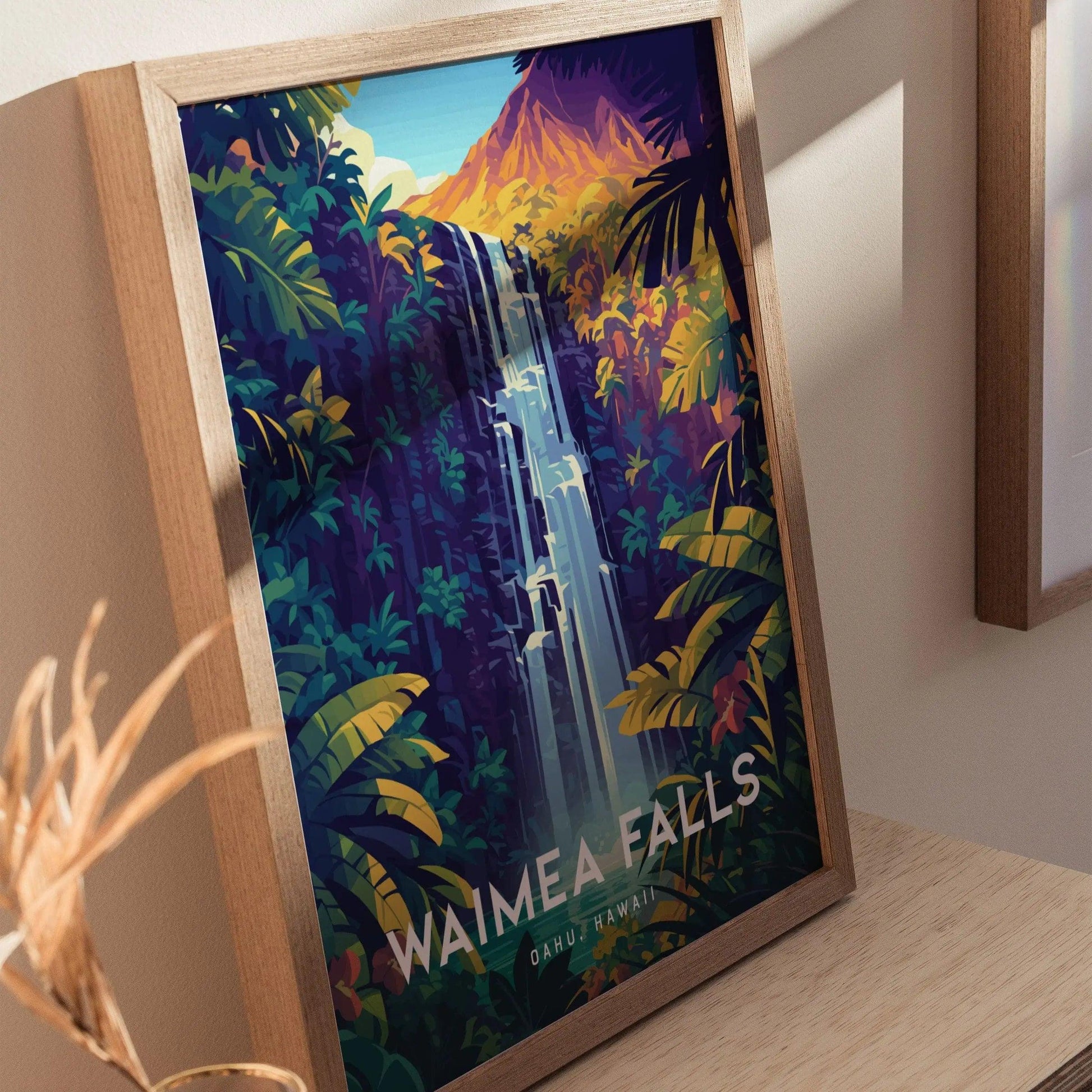 Waimea Valley Falls, Oahu, Hawaii, Framed Wall Art | North Shore Waterfall Hike Island Travel Poster Park Tropical Home Decor Print Gift Set - Swell Scenes