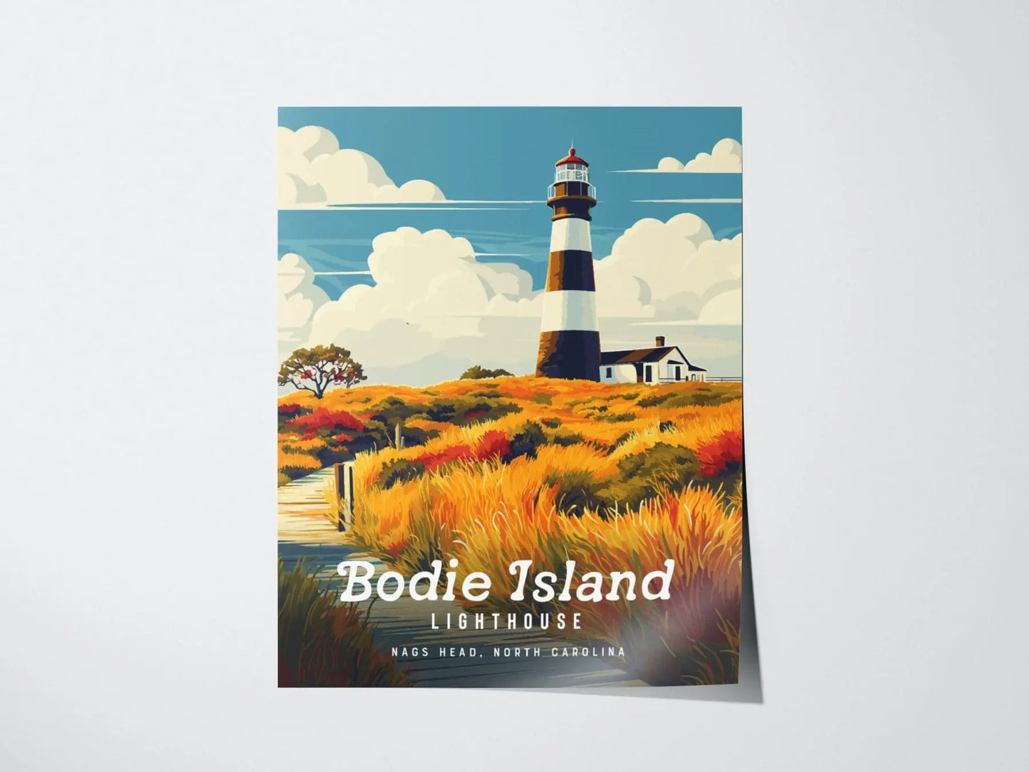 Bodie Island Lighthouse, North Carolina - Outer Banks Beacon Poster | Trendy Travel Poster for Airbnb Home Decor Living Room Bathroom Gift - Swell Scenes