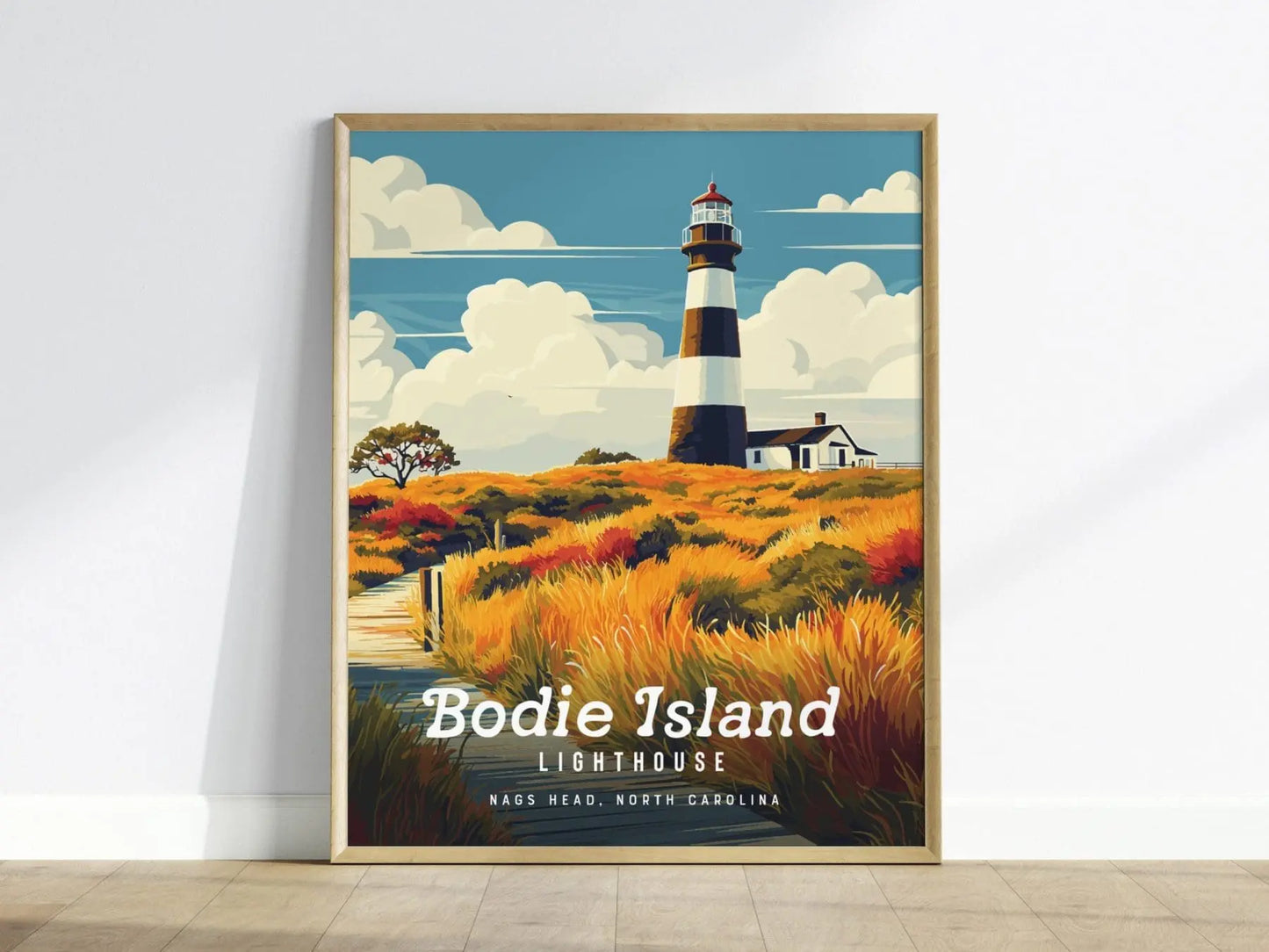 Bodie Island Lighthouse, North Carolina - Outer Banks Beacon Poster | Trendy Travel Poster for Airbnb Home Decor Living Room Bathroom Gift - Swell Scenes