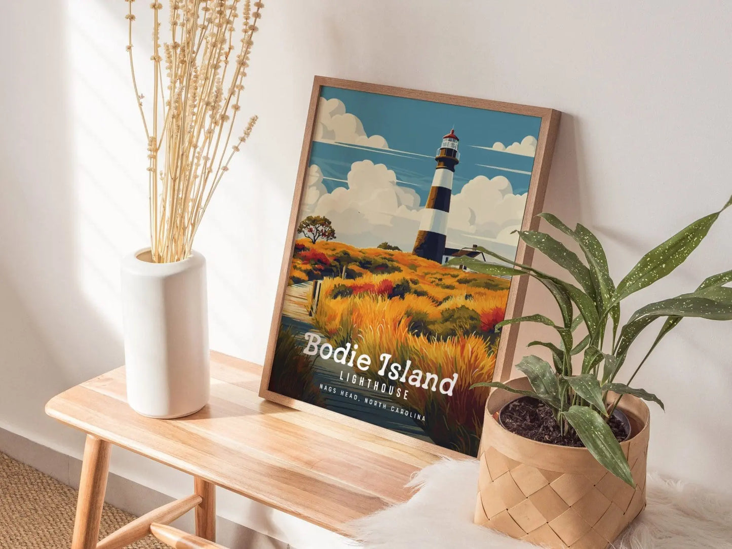 Bodie Island Lighthouse, North Carolina - Outer Banks Beacon Poster | Trendy Travel Poster for Airbnb Home Decor Living Room Bathroom Gift - Swell Scenes