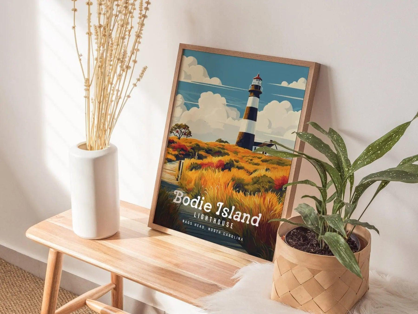 Bodie Island Lighthouse, North Carolina - Outer Banks Beacon Poster | Trendy Travel Poster for Airbnb Home Decor Living Room Bathroom Gift - Swell Scenes