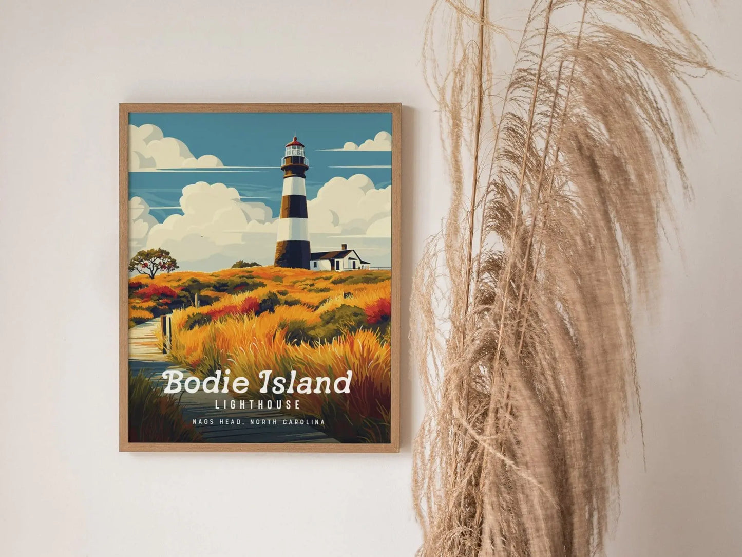 Bodie Island Lighthouse, North Carolina - Outer Banks Beacon Poster | Trendy Travel Poster for Airbnb Home Decor Living Room Bathroom Gift - Swell Scenes