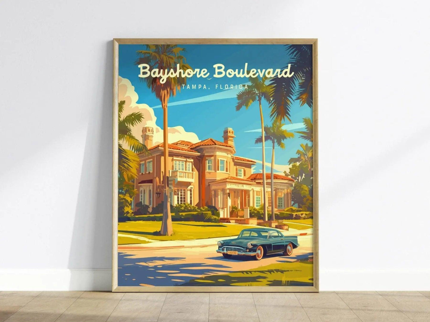 Bayshore Boulevard, Tampa, Florida Framed Wall Art, Hillsborough Bay Mansion Real Estate Poster Design Travel Print Beach Home Decor Set - Swell Scenes