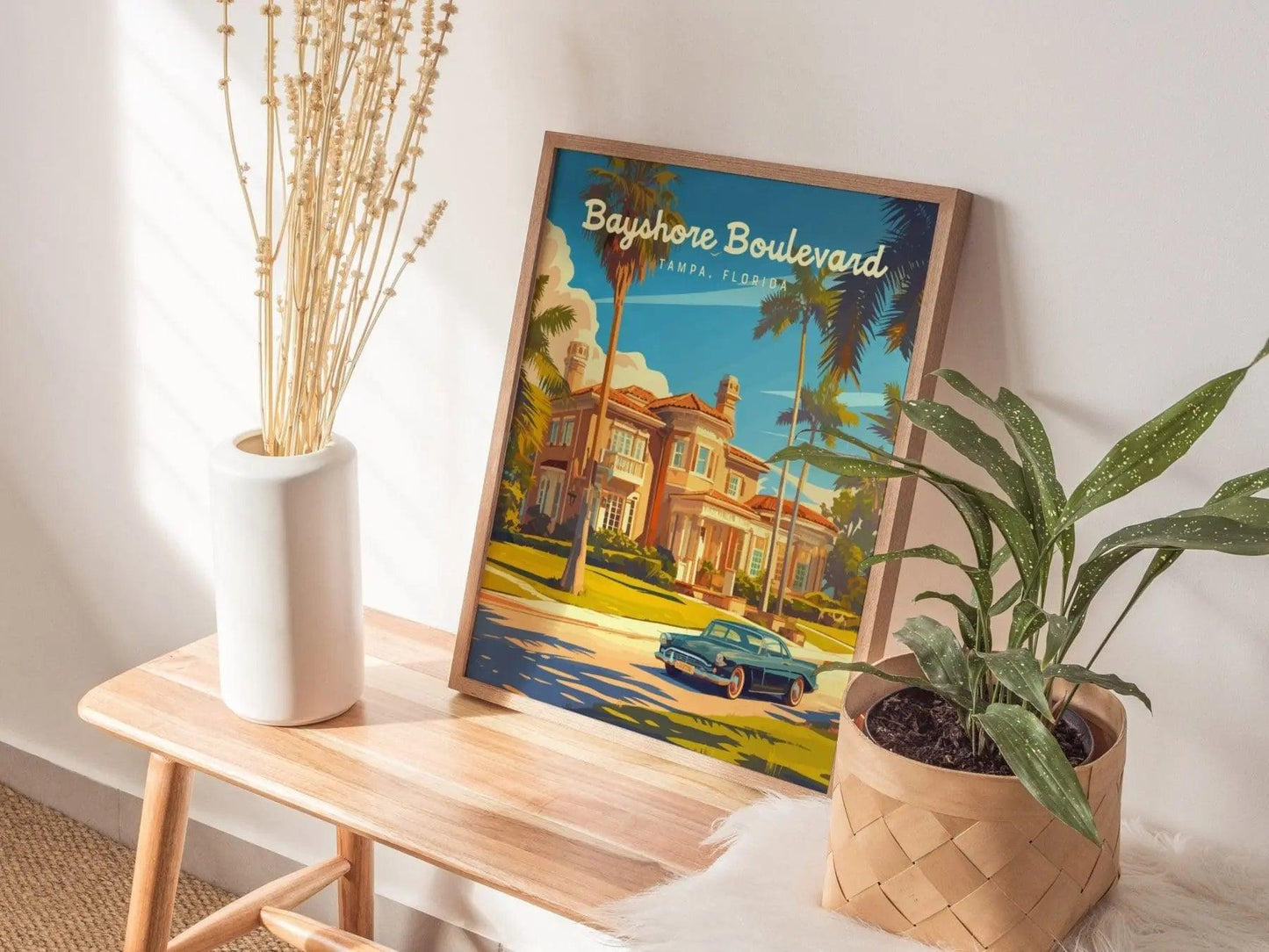 Bayshore Boulevard, Tampa, Florida Framed Wall Art, Hillsborough Bay Mansion Real Estate Poster Design Travel Print Beach Home Decor Set - Swell Scenes