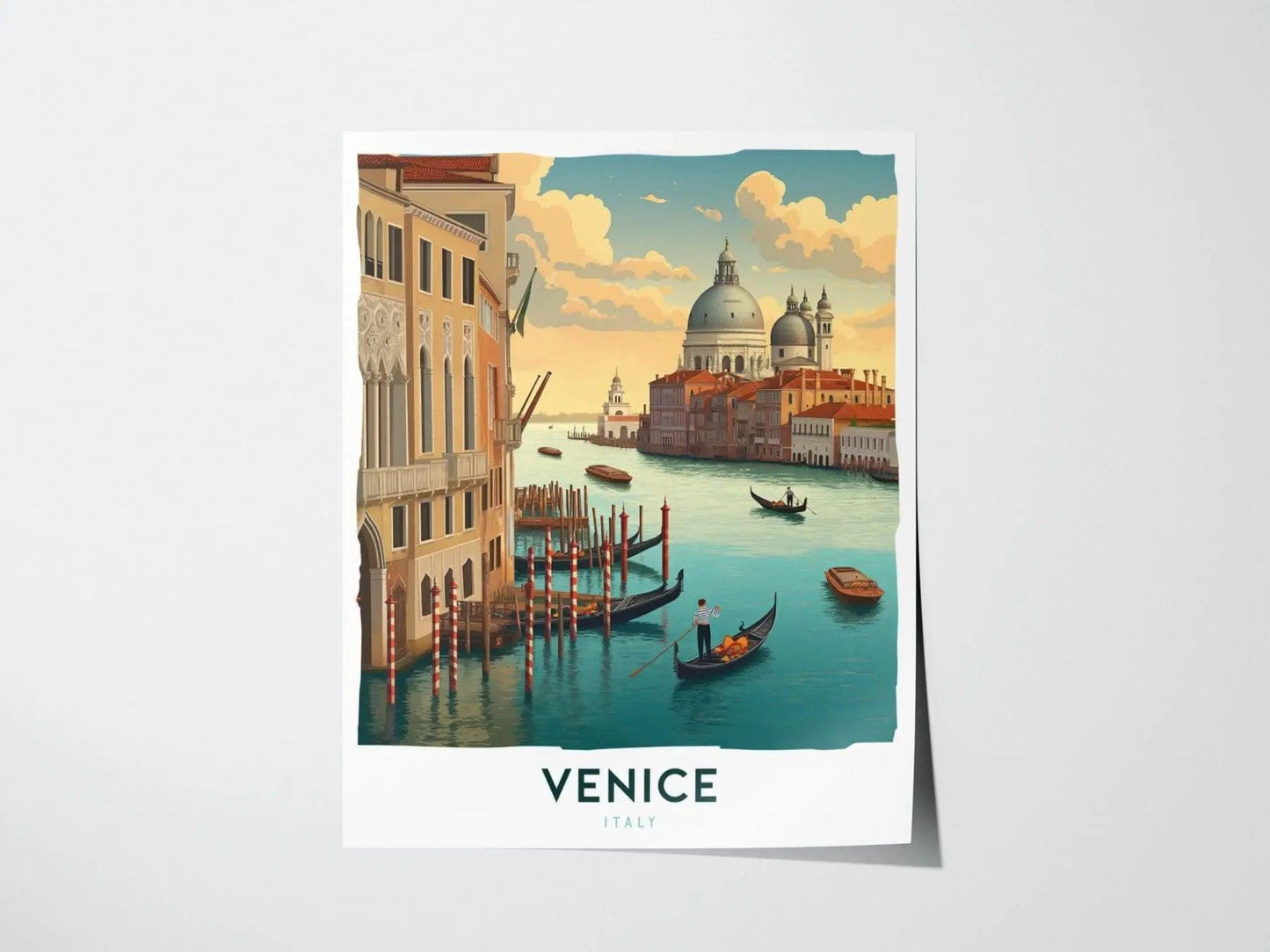 Venice Italy travel poster featuring Grand Canal with gondolas and historic architecture romantic European city art