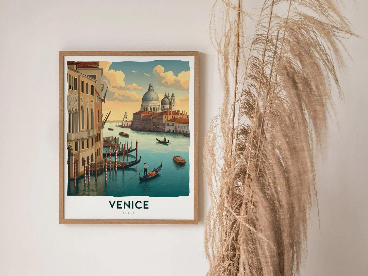 Natural wood framed Venice print showing Grand Canal Italy with gondola and bridge detail European travel art