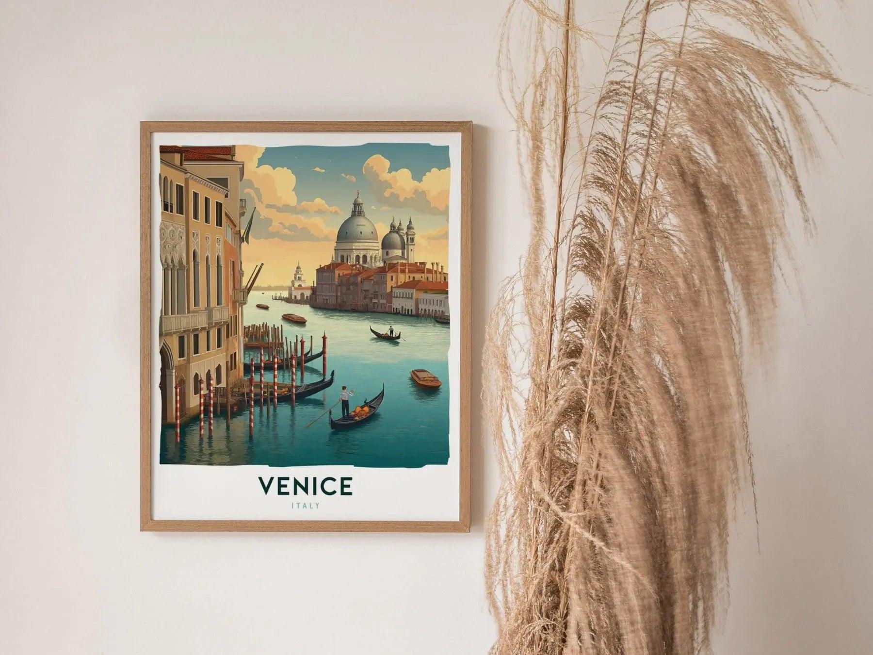 Natural wood framed Venice print showing Grand Canal Italy with gondola and bridge detail European travel art