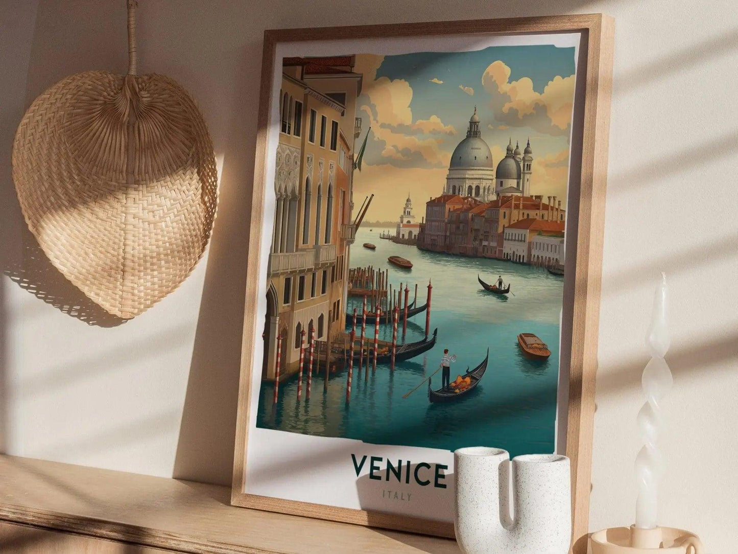 Natural wood framed Venice print showing Grand Canal Italy with gondola and bridge detail European travel art