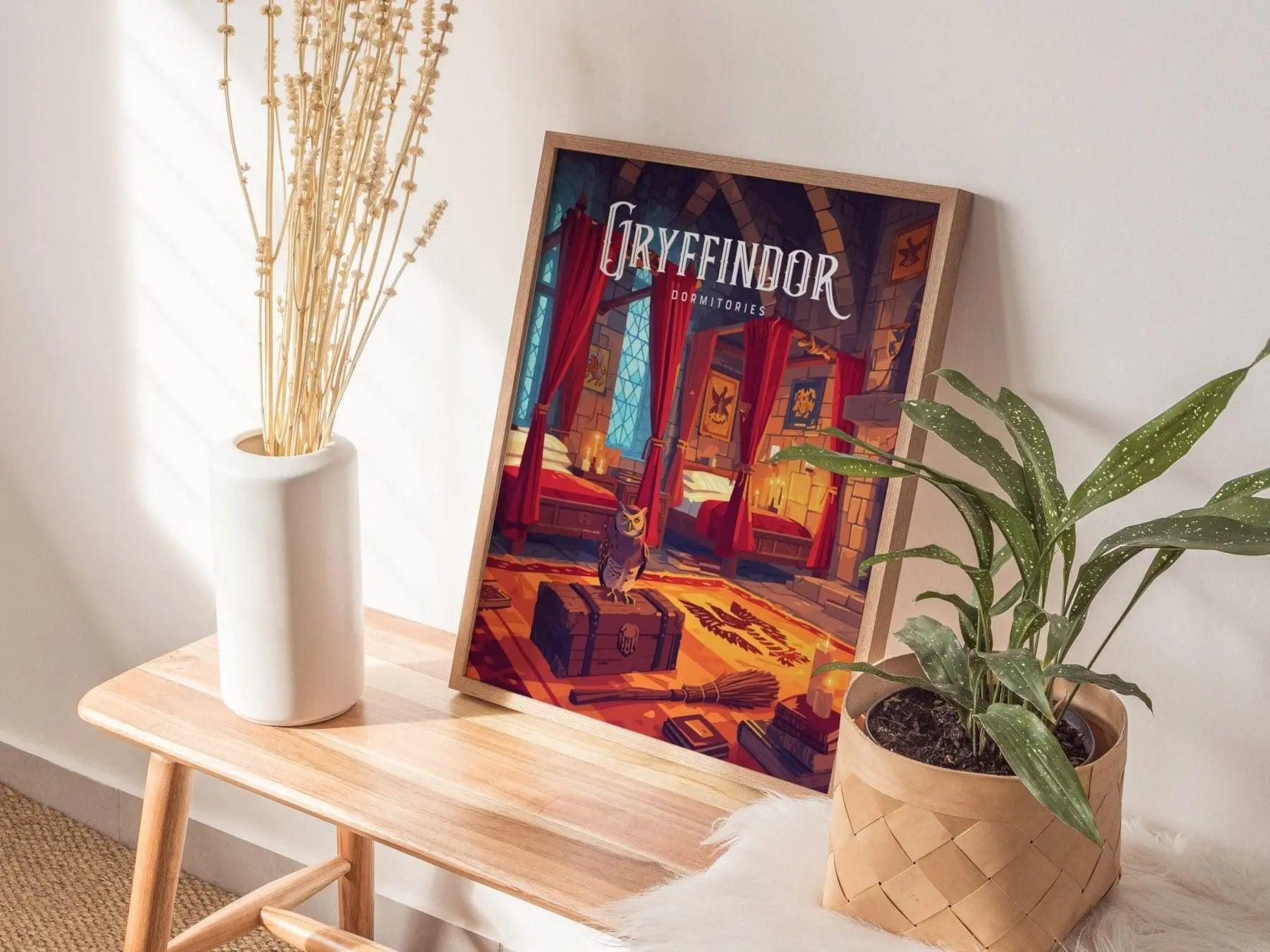 Gryffindor Dormitories, Hogwarts Castle, Harry Potter Framed Wall Art | Dorm Poster Print JK Rowling Fan Dark Academia Home Decor Gift Set - Swell Scenes