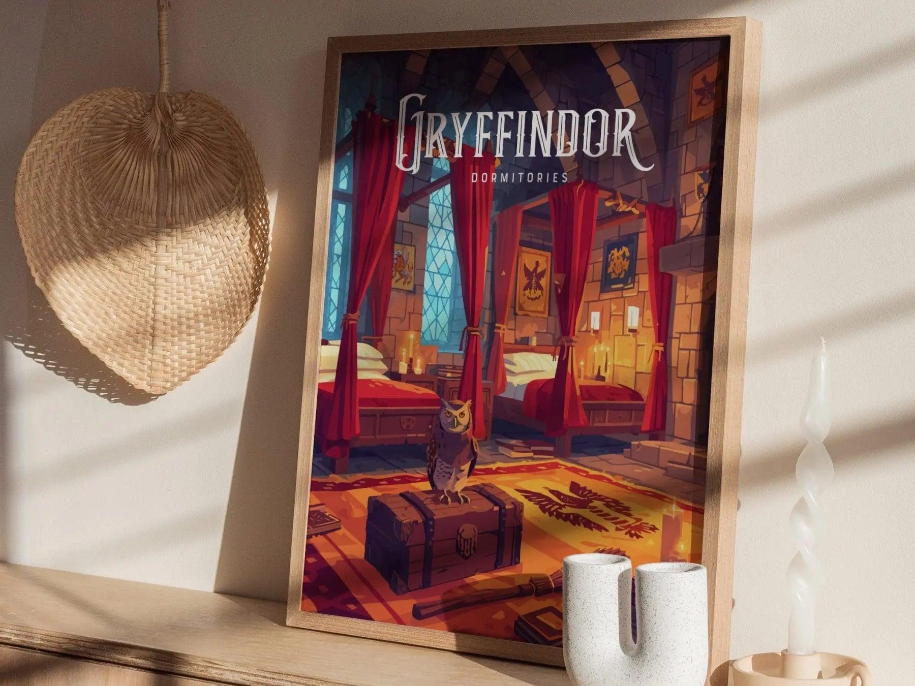 Gryffindor Dormitories, Hogwarts Castle, Harry Potter Framed Wall Art | Dorm Poster Print JK Rowling Fan Dark Academia Home Decor Gift Set - Swell Scenes