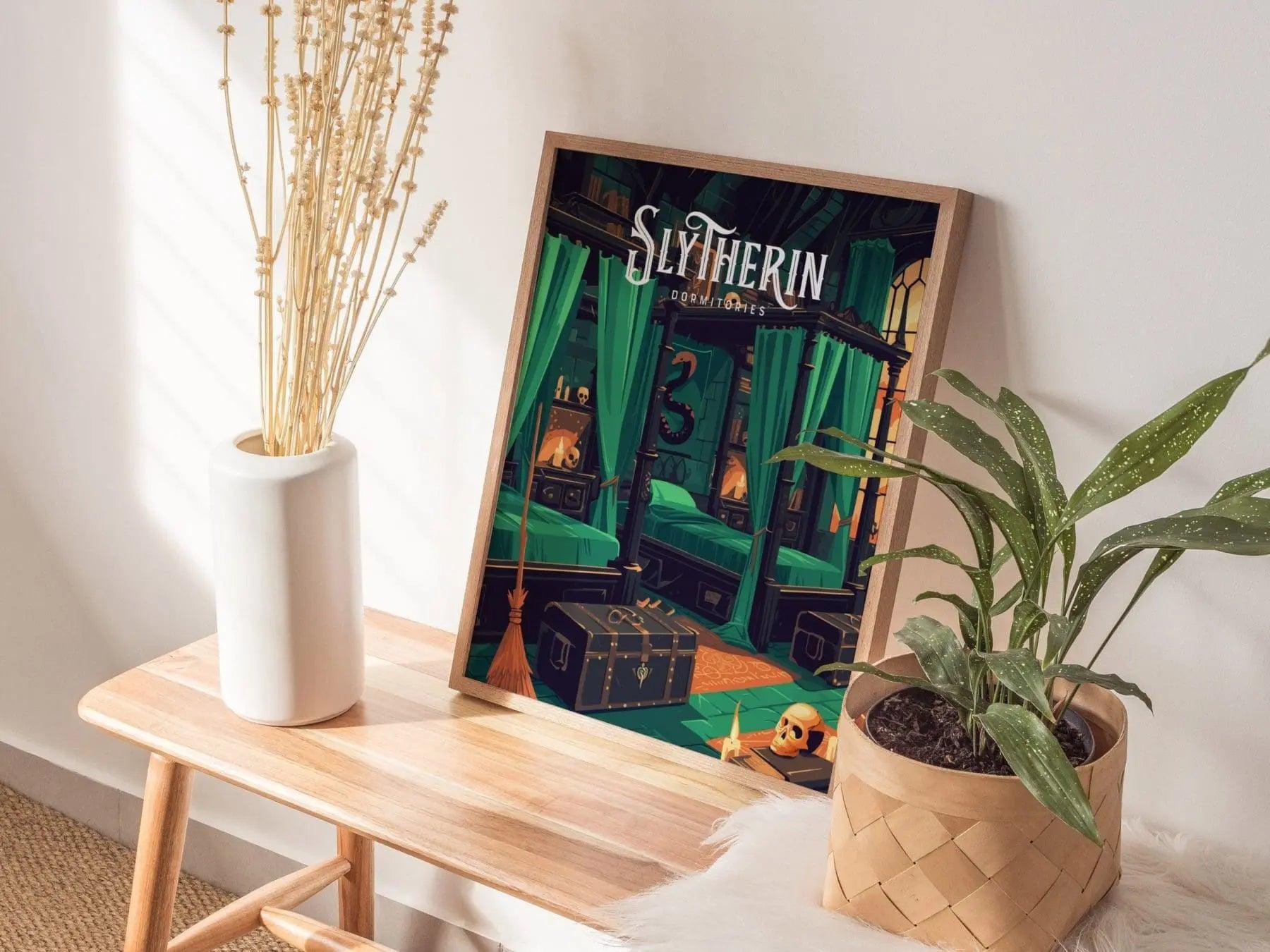 Slytherin Dormitories, Hogwarts Castle, Harry Potter Framed Wall Art | Dorm Poster Print Malfoy Fan Dark Academia Witchy Home Decor Gift Set - Swell Scenes
