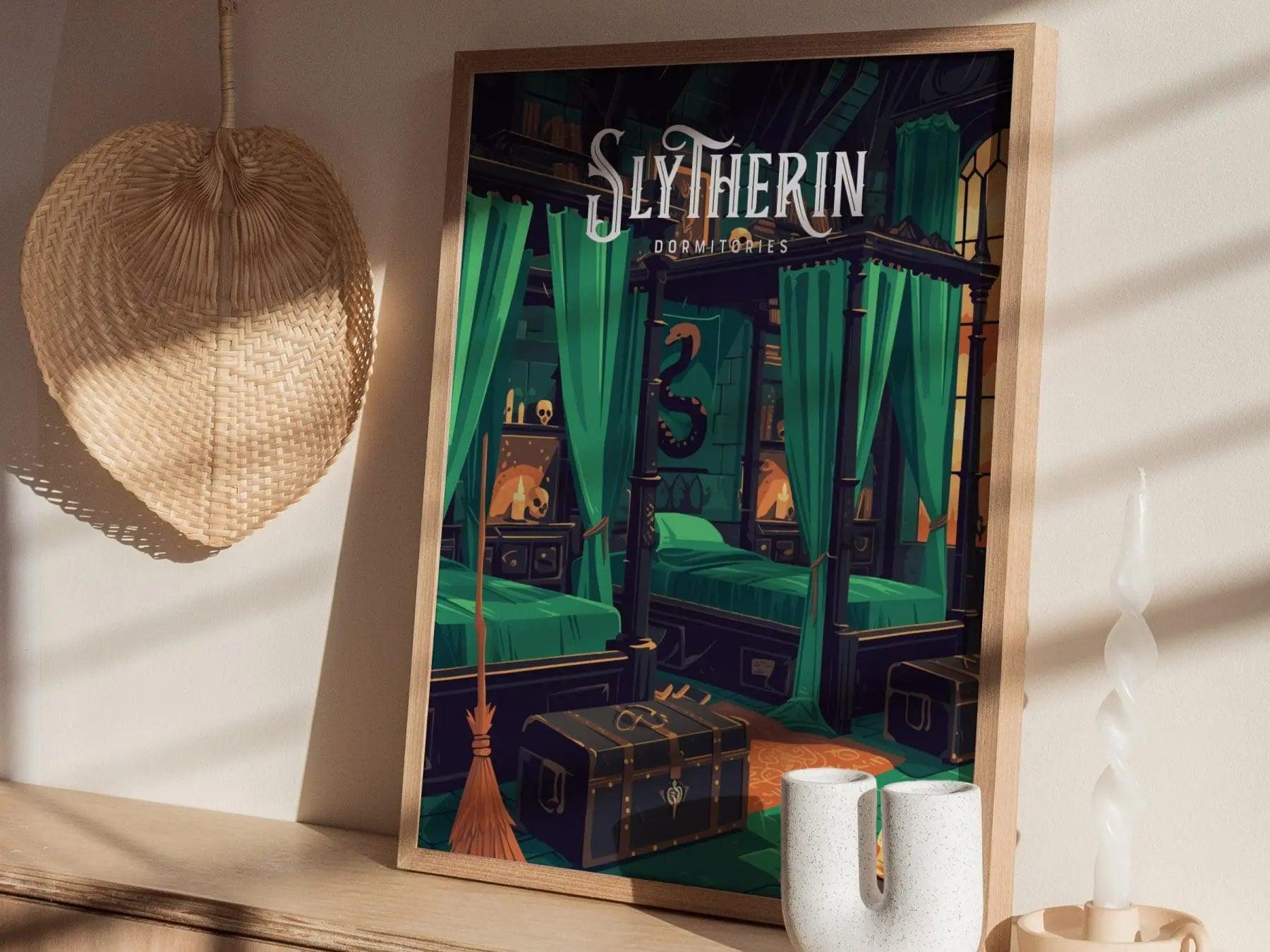 Slytherin Dormitories, Hogwarts Castle, Harry Potter Framed Wall Art | Dorm Poster Print Malfoy Fan Dark Academia Witchy Home Decor Gift Set - Swell Scenes