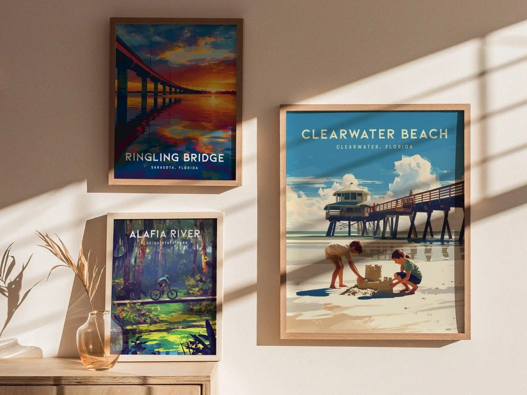 Clearwater Beach, Florida Framed Wall Art - Sandcastle Pier Vacation Poster Design Travel Island Print Collection Home Beach Cottage Decor - Swell Scenes