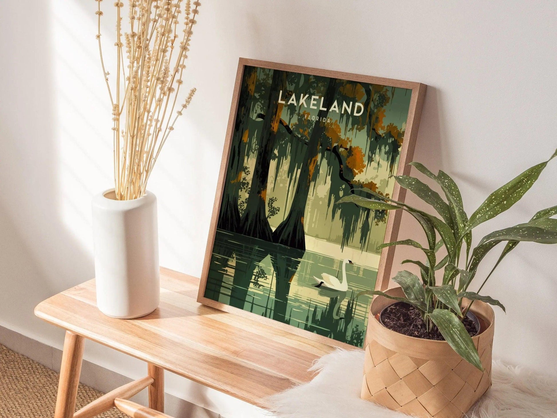 Lakeland, Florida Framed Wall Art - Lake Hollingsworth Mirror Swan Cypress Trees Poster Design Travel Print Collection Home Office Decor - Swell Scenes