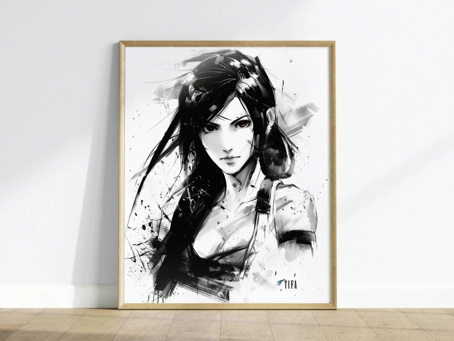 Tifa Final Fantasy VII poster featuring Shinkawa-inspired monochrome ink art style gaming wall print FF7 Rebirth