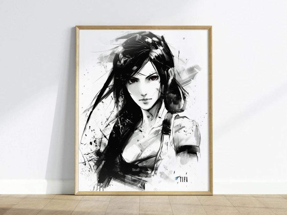 Tifa Final Fantasy VII poster featuring Shinkawa-inspired monochrome ink art style gaming wall print FF7 Rebirth